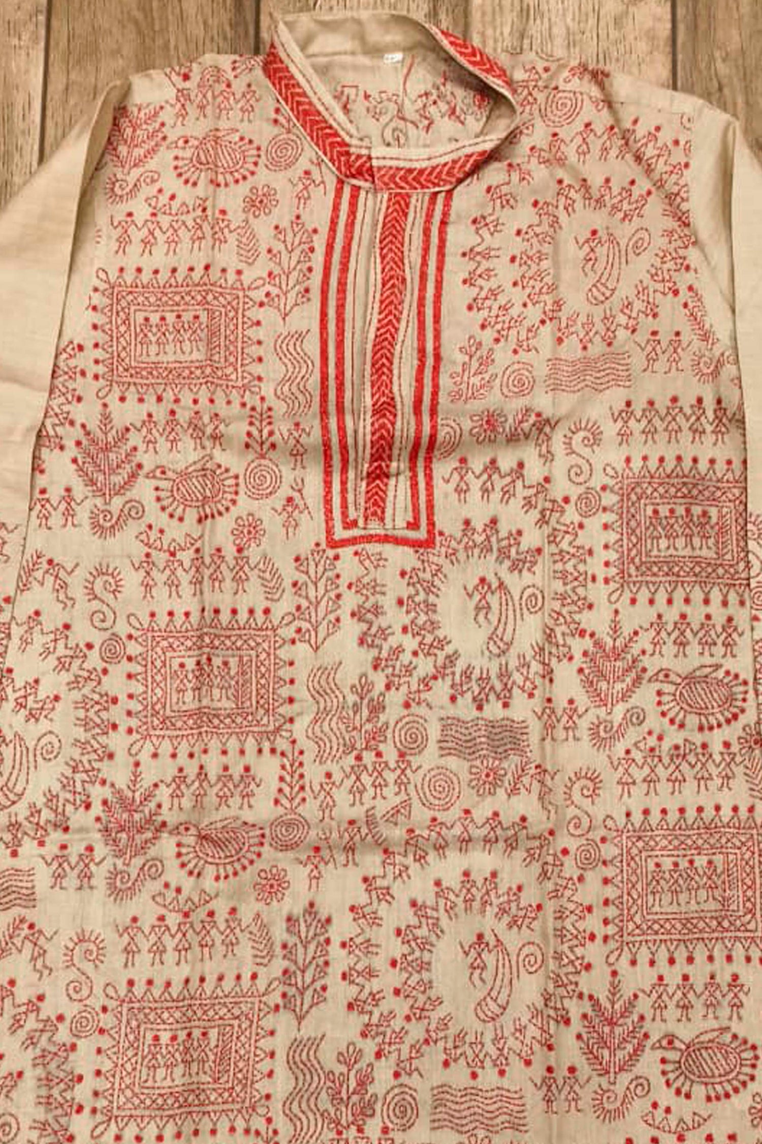 Beige Pure Tussar with Kantha Work (Hand Embroidery) Panjabi