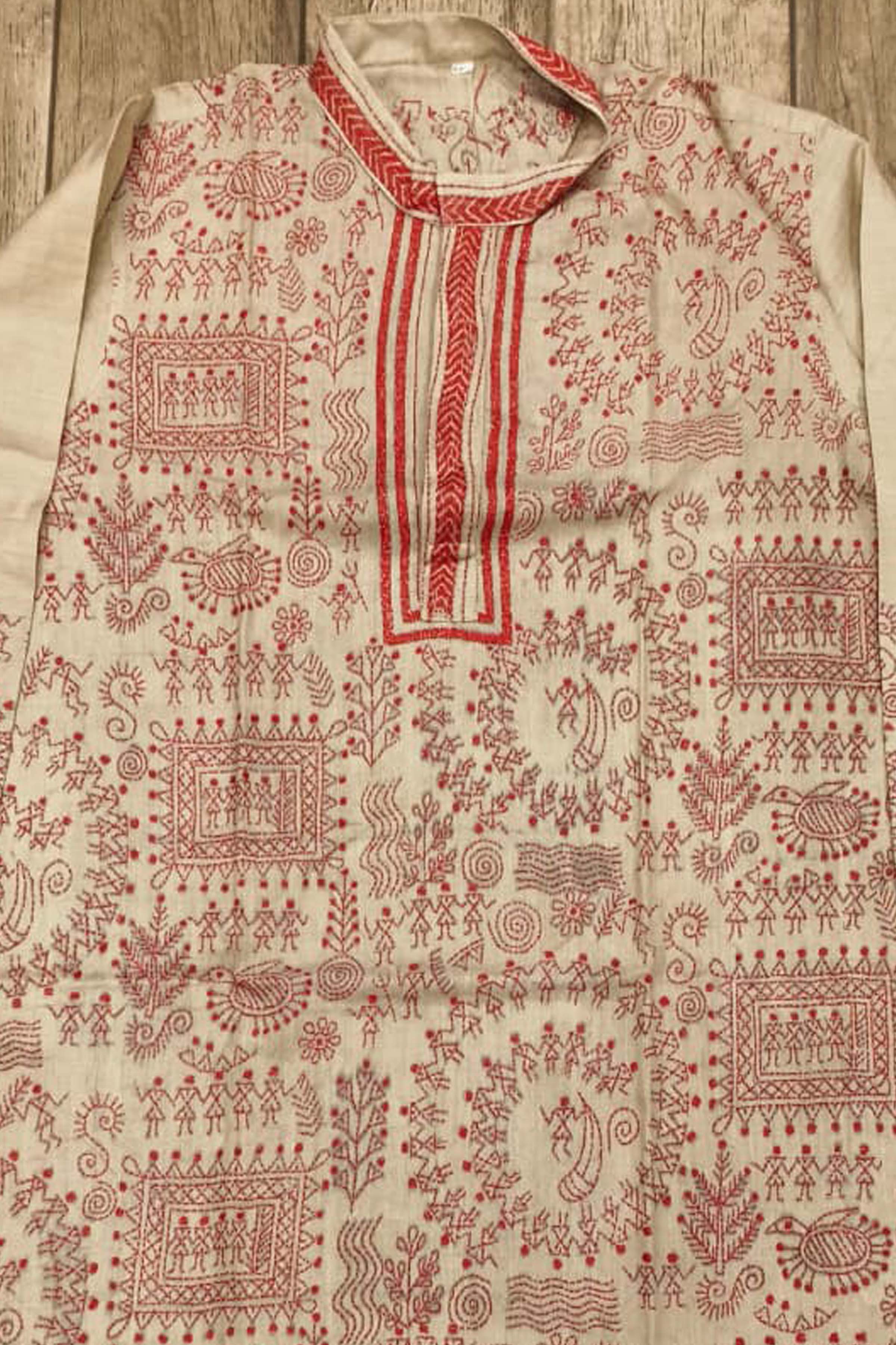 Beige Pure Tussar with Kantha Work (Hand Embroidery) Panjabi