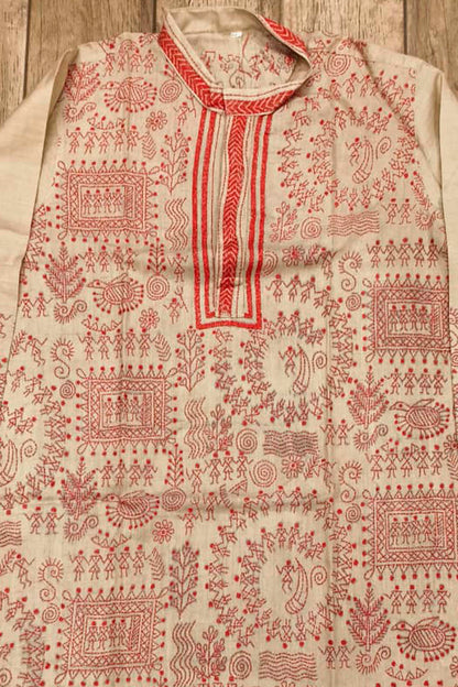 Beige Pure Tussar with Kantha Work (Hand Embroidery) Panjabi