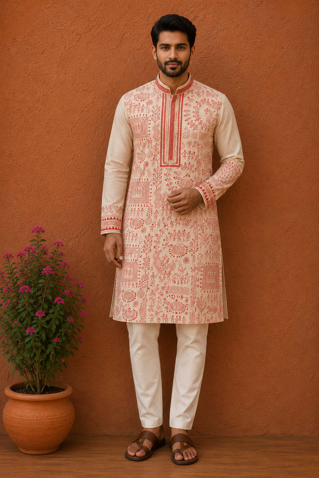 Beige Pure Tussar with Kantha Work (Hand Embroidery) Panjabi
