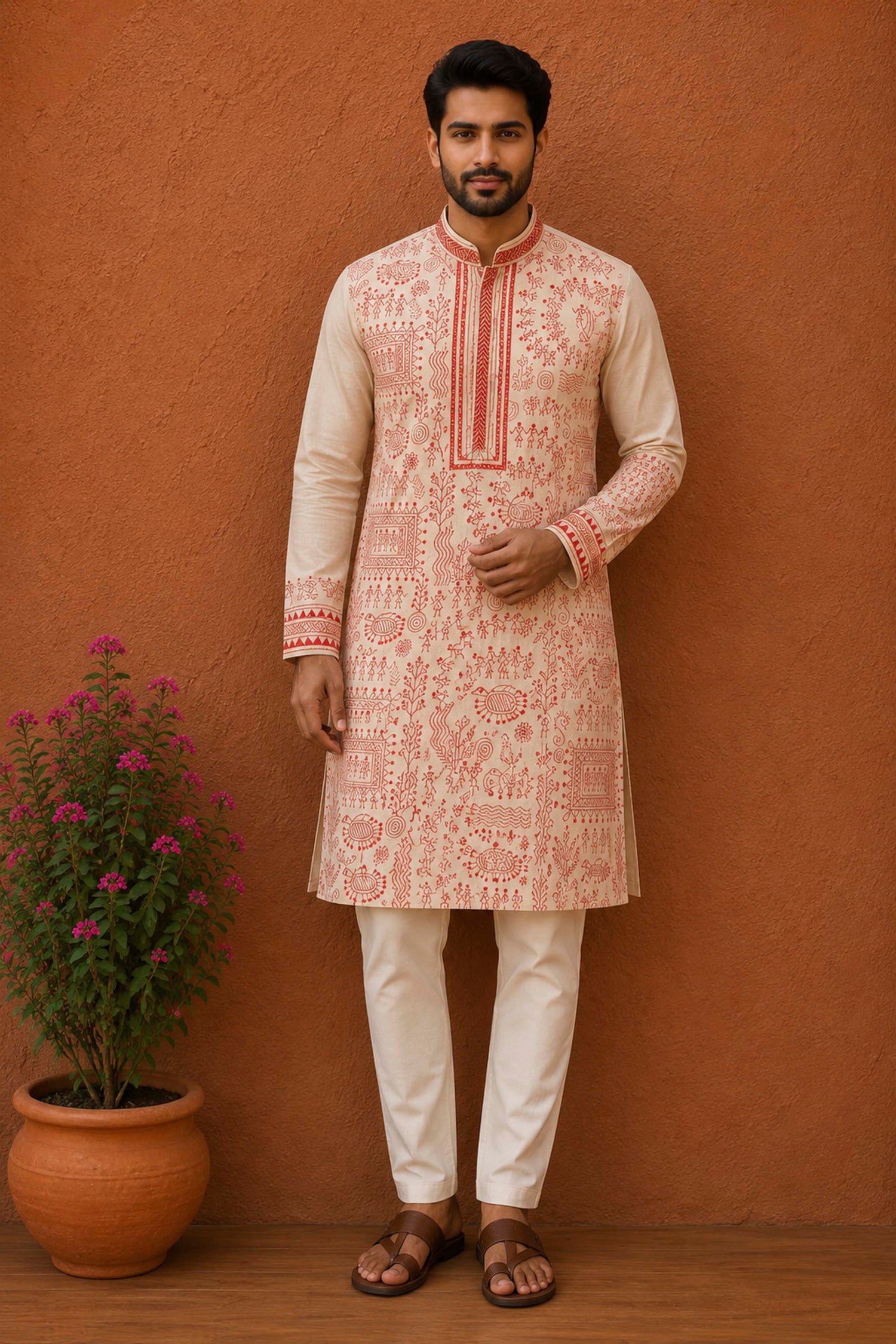 Beige Pure Tussar with Kantha Work (Hand Embroidery) Panjabi