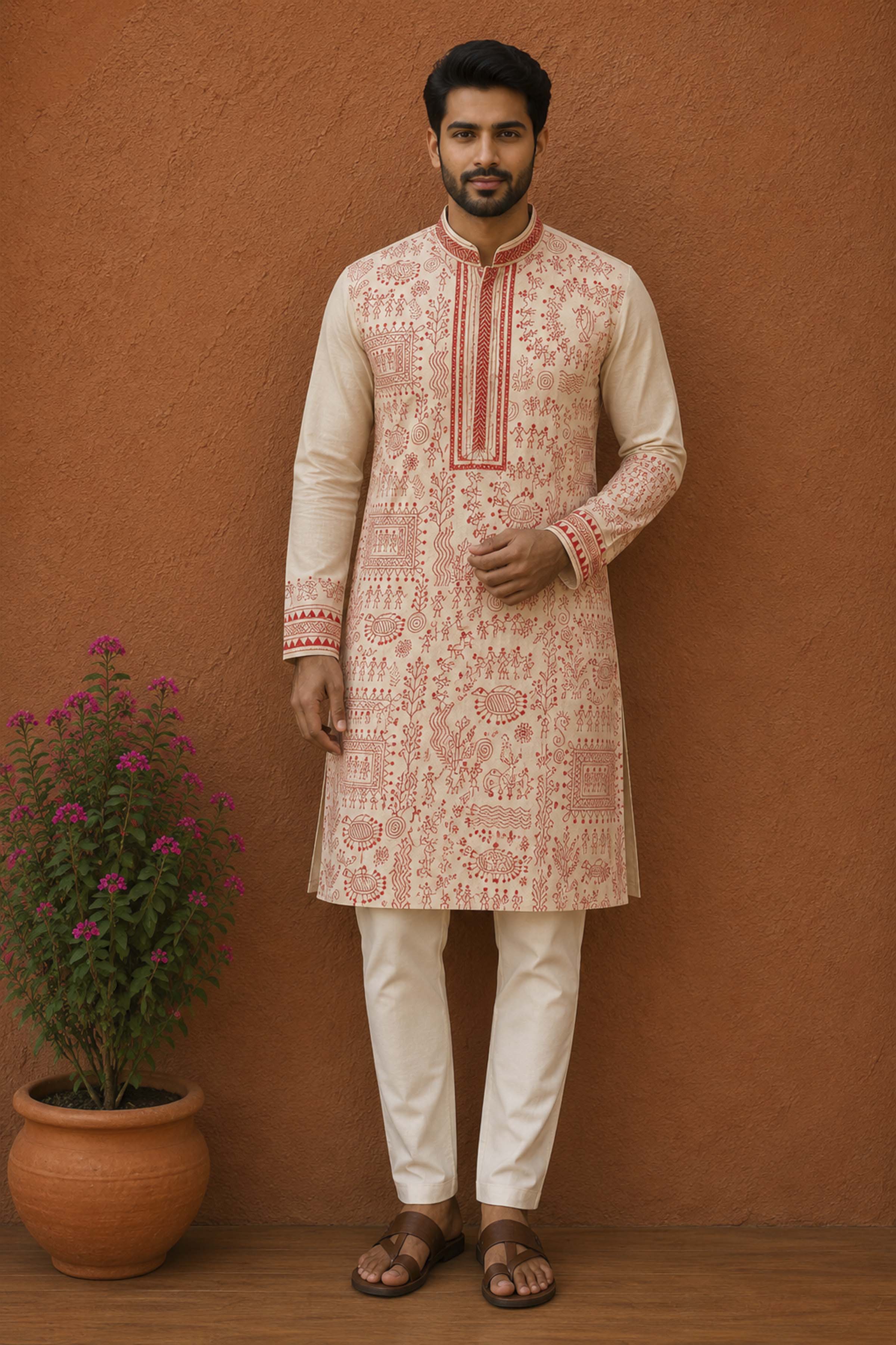 Beige Pure Tussar with Kantha Work (Hand Embroidery) Panjabi