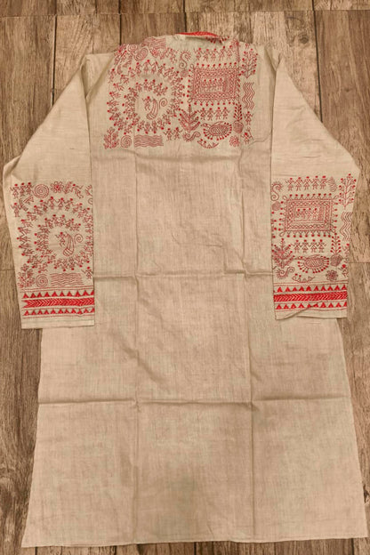 Beige Pure Tussar with Kantha Work (Hand Embroidery) Panjabi