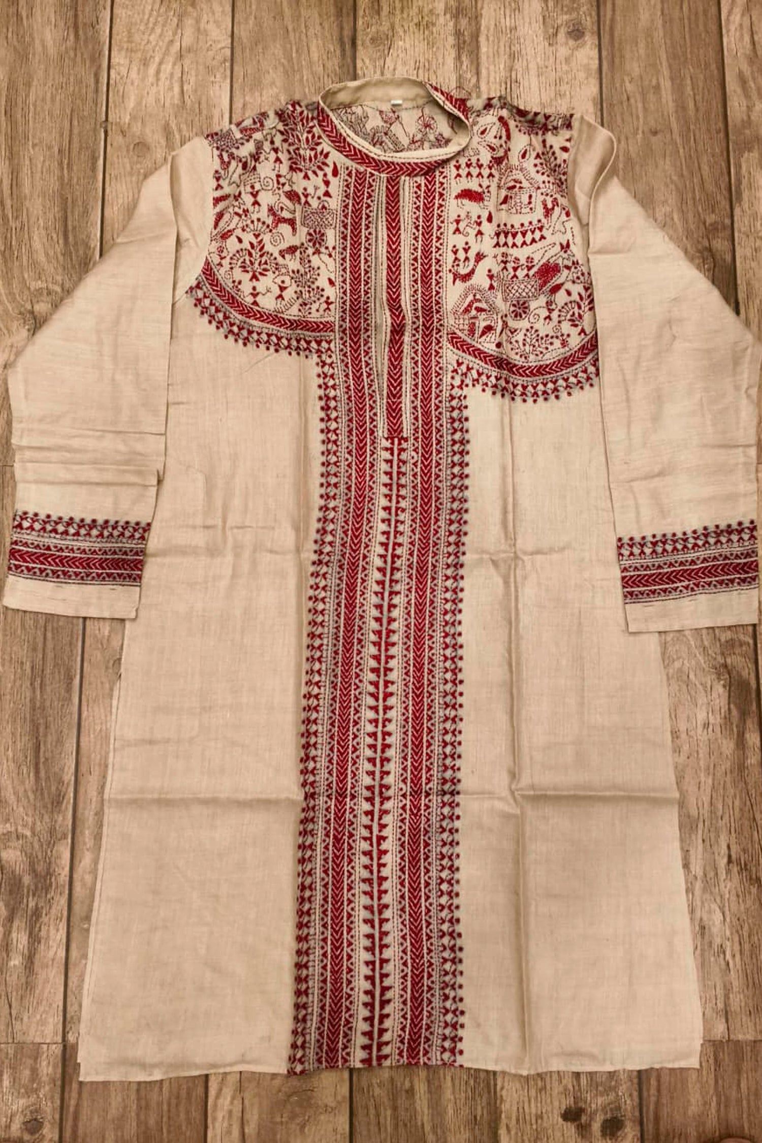 Beige Pure Tussar with Kantha Work (Hand Embroidery) Panjabi