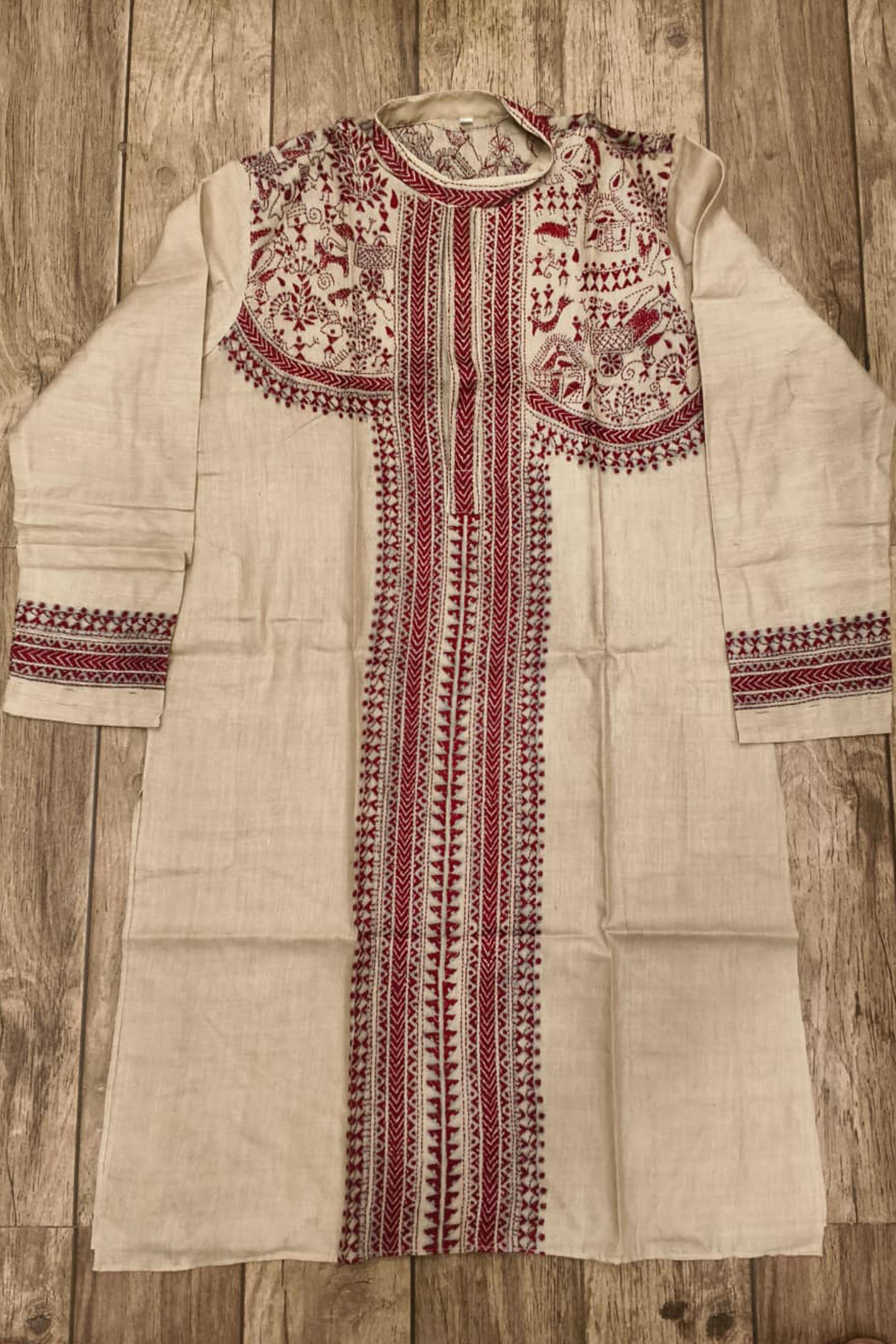 Beige Pure Tussar with Kantha Work (Hand Embroidery) Panjabi