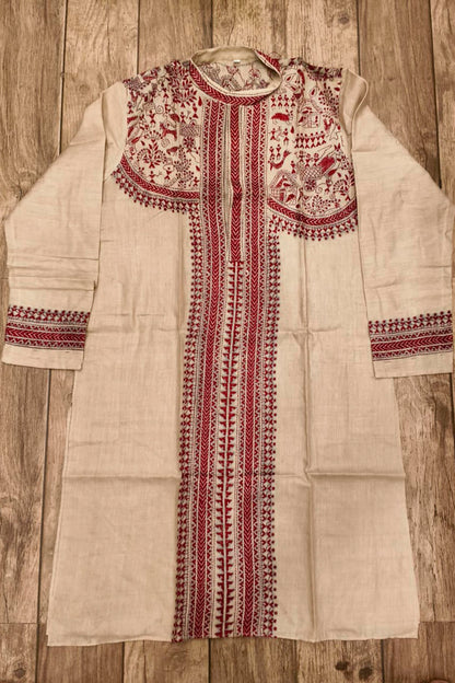 Beige Pure Tussar with Kantha Work (Hand Embroidery) Panjabi