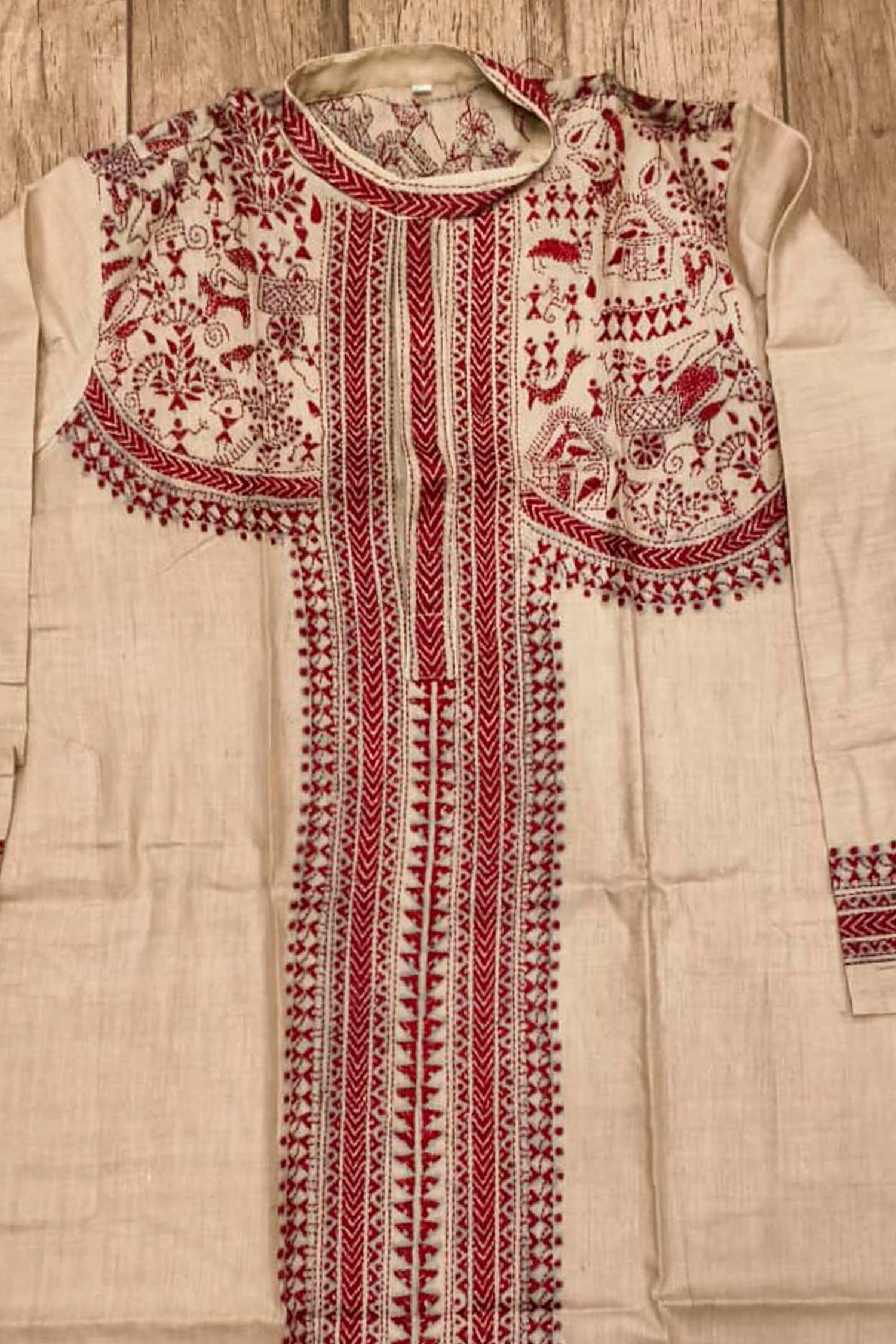 Beige Pure Tussar with Kantha Work (Hand Embroidery) Panjabi