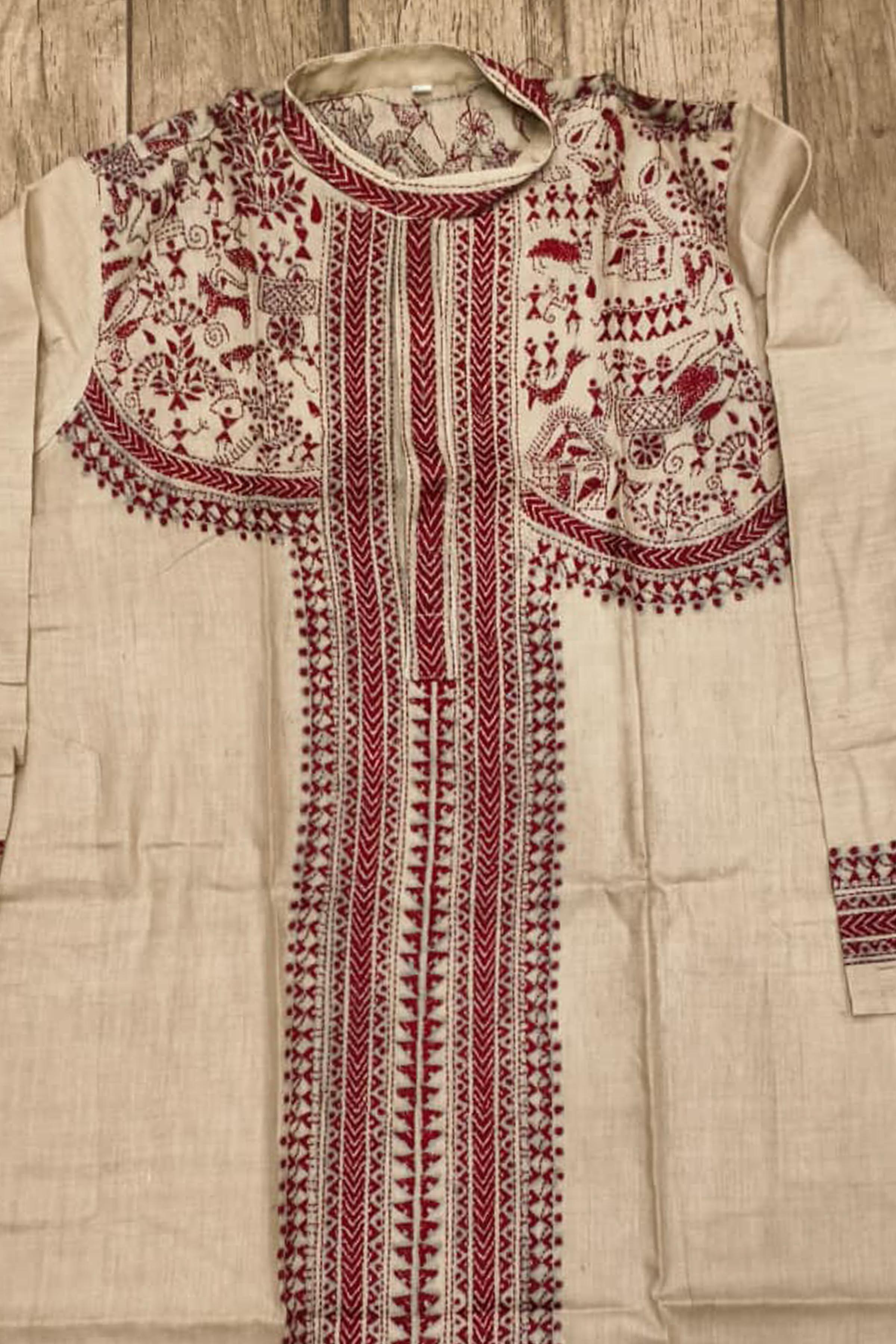 Beige Pure Tussar with Kantha Work (Hand Embroidery) Panjabi