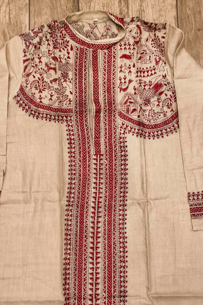 Beige Pure Tussar with Kantha Work (Hand Embroidery) Panjabi