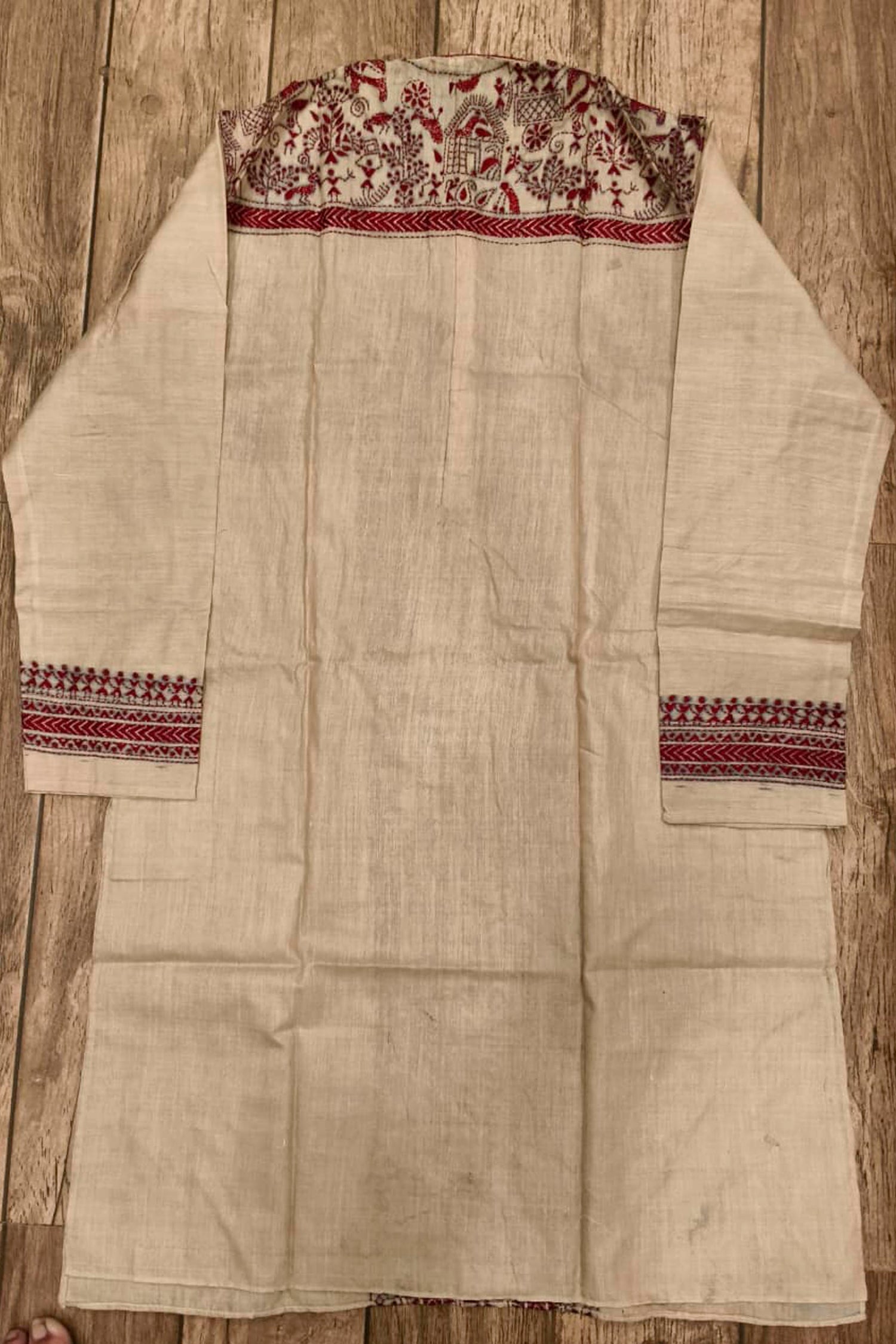Beige Pure Tussar with Kantha Work (Hand Embroidery) Panjabi