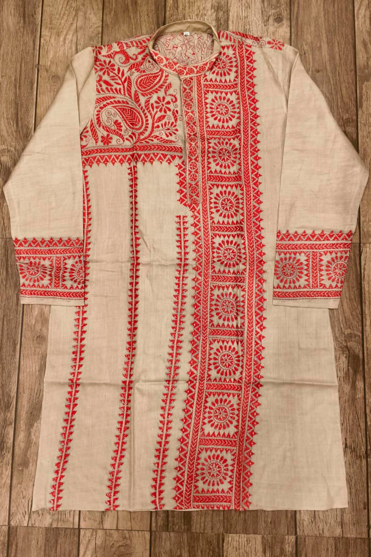 Beige Pure Tussar with Kantha Work (Hand Embroidery) Panjabi