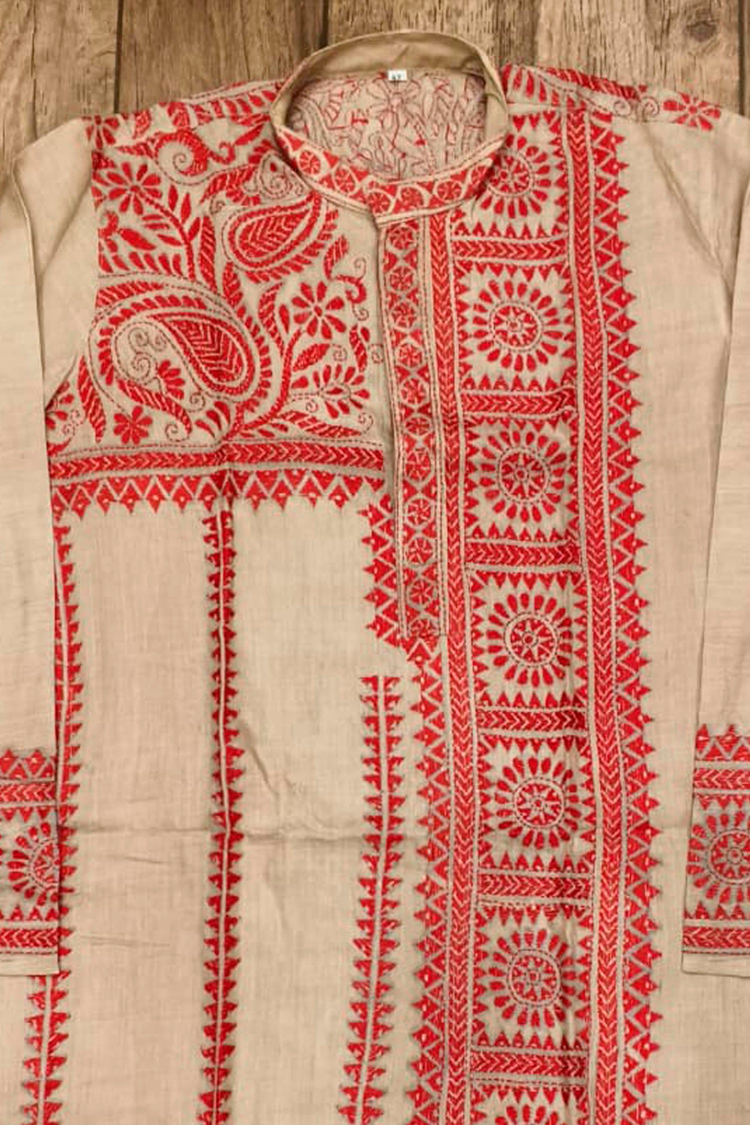 Beige Pure Tussar with Kantha Work (Hand Embroidery) Panjabi
