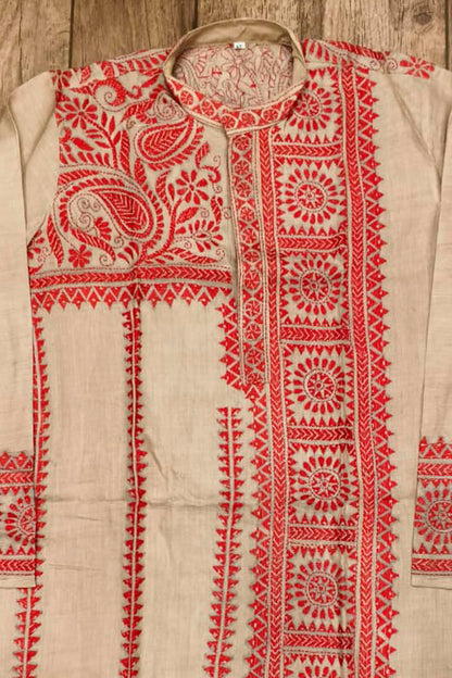 Beige Pure Tussar with Kantha Work (Hand Embroidery) Panjabi