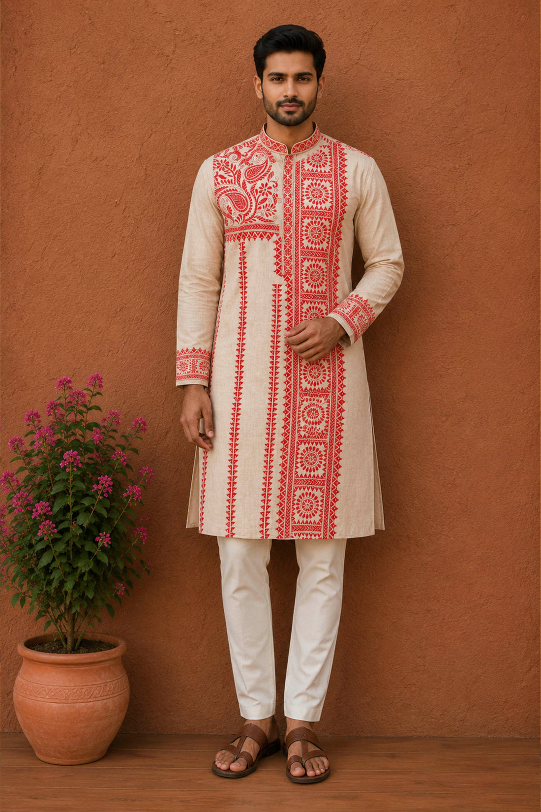 Beige Pure Tussar with Kantha Work (Hand Embroidery) Panjabi