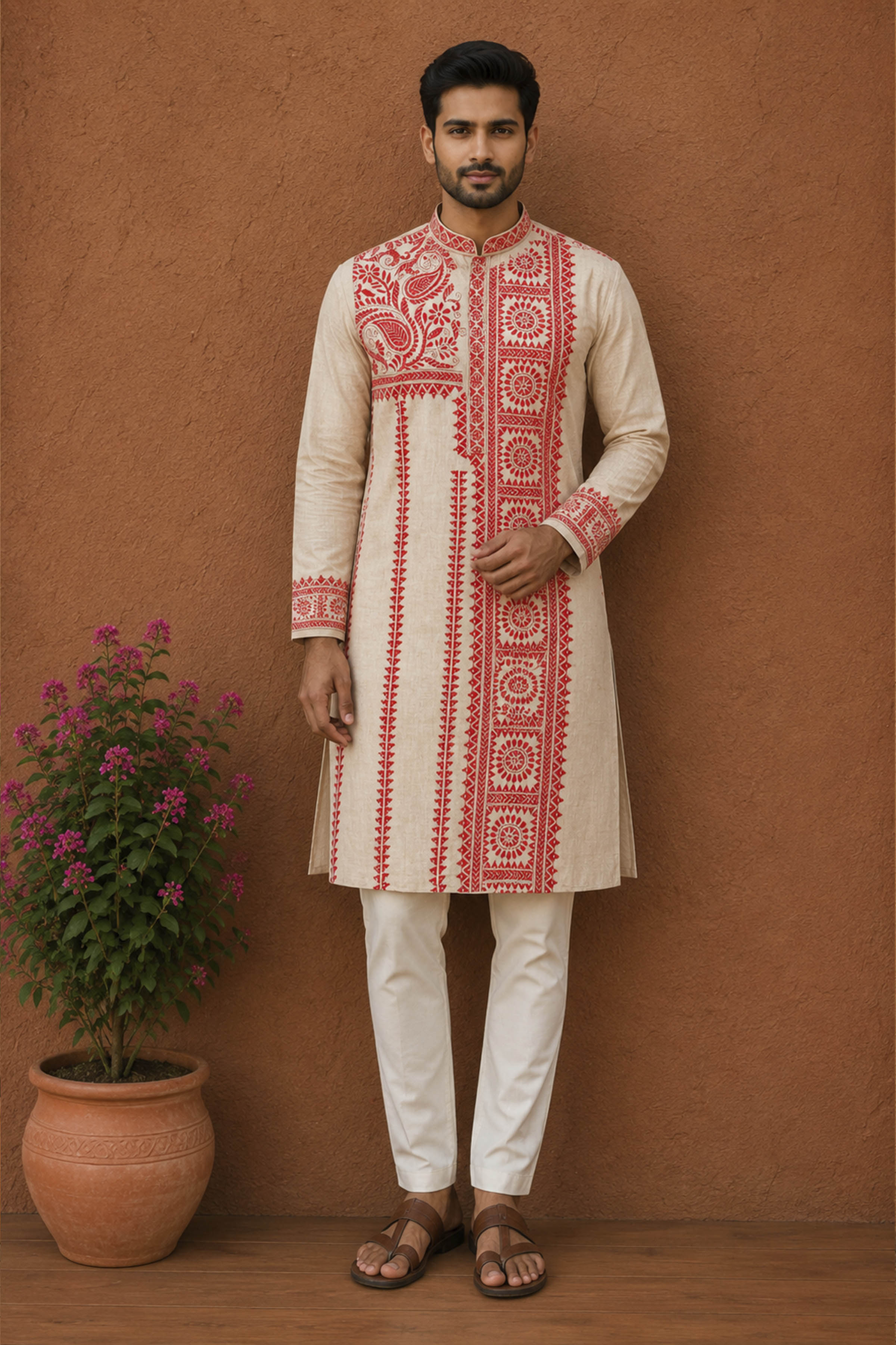 Beige Pure Tussar with Kantha Work (Hand Embroidery) Panjabi