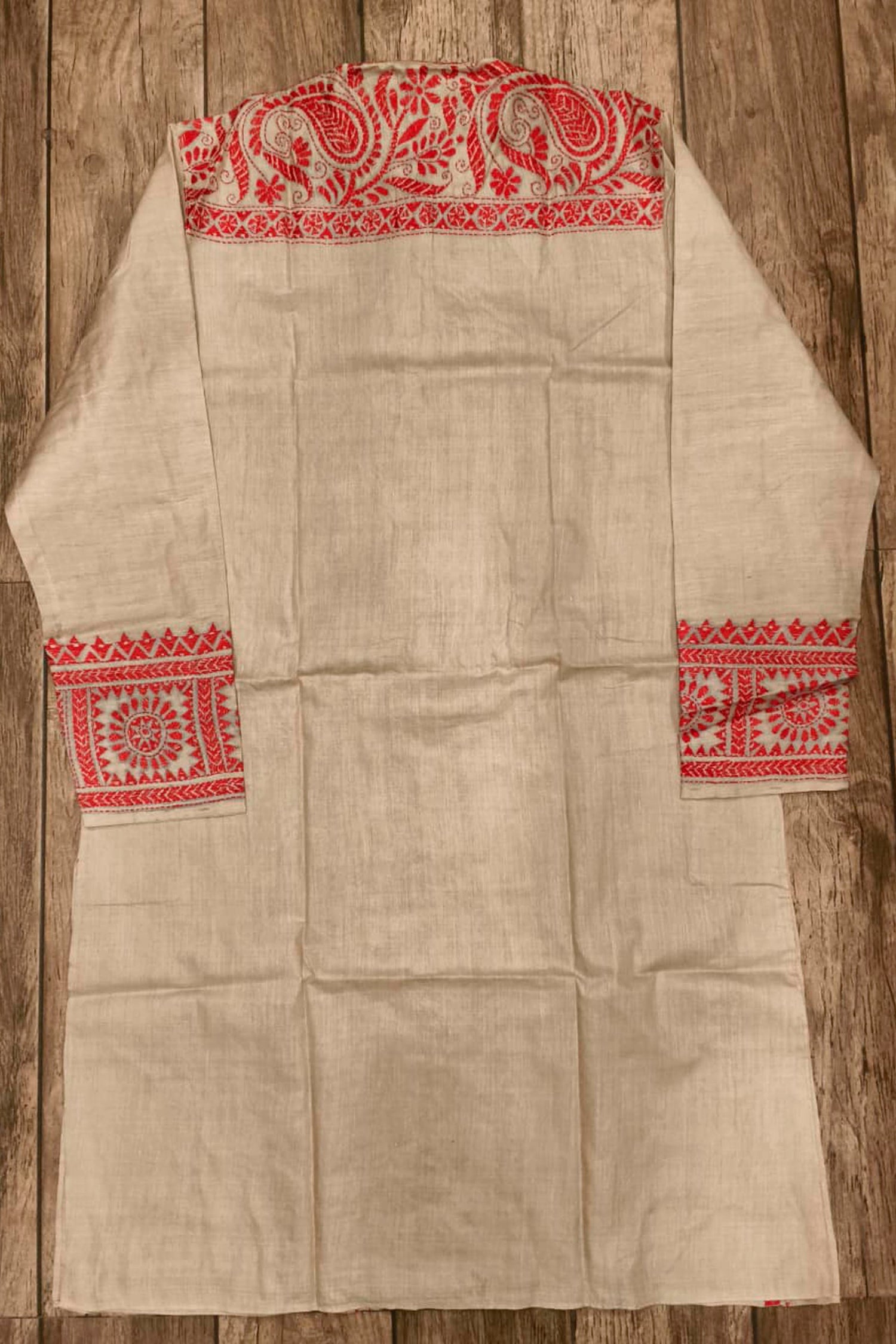 Beige Pure Tussar with Kantha Work (Hand Embroidery) Panjabi
