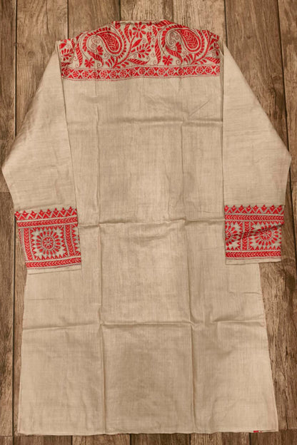 Beige Pure Tussar with Kantha Work (Hand Embroidery) Panjabi