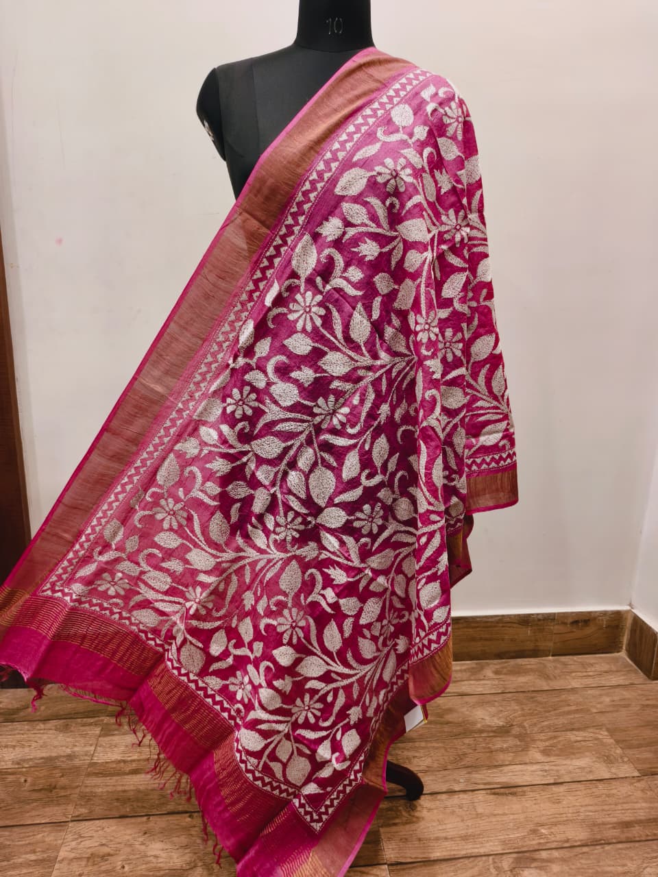 Zari Border Pure Tussar Kantha Stitch Dupatta SN26KD34