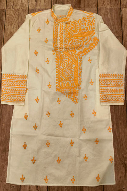 Off White Tussar with Kantha Work (Hand Embroidery) Panjabi