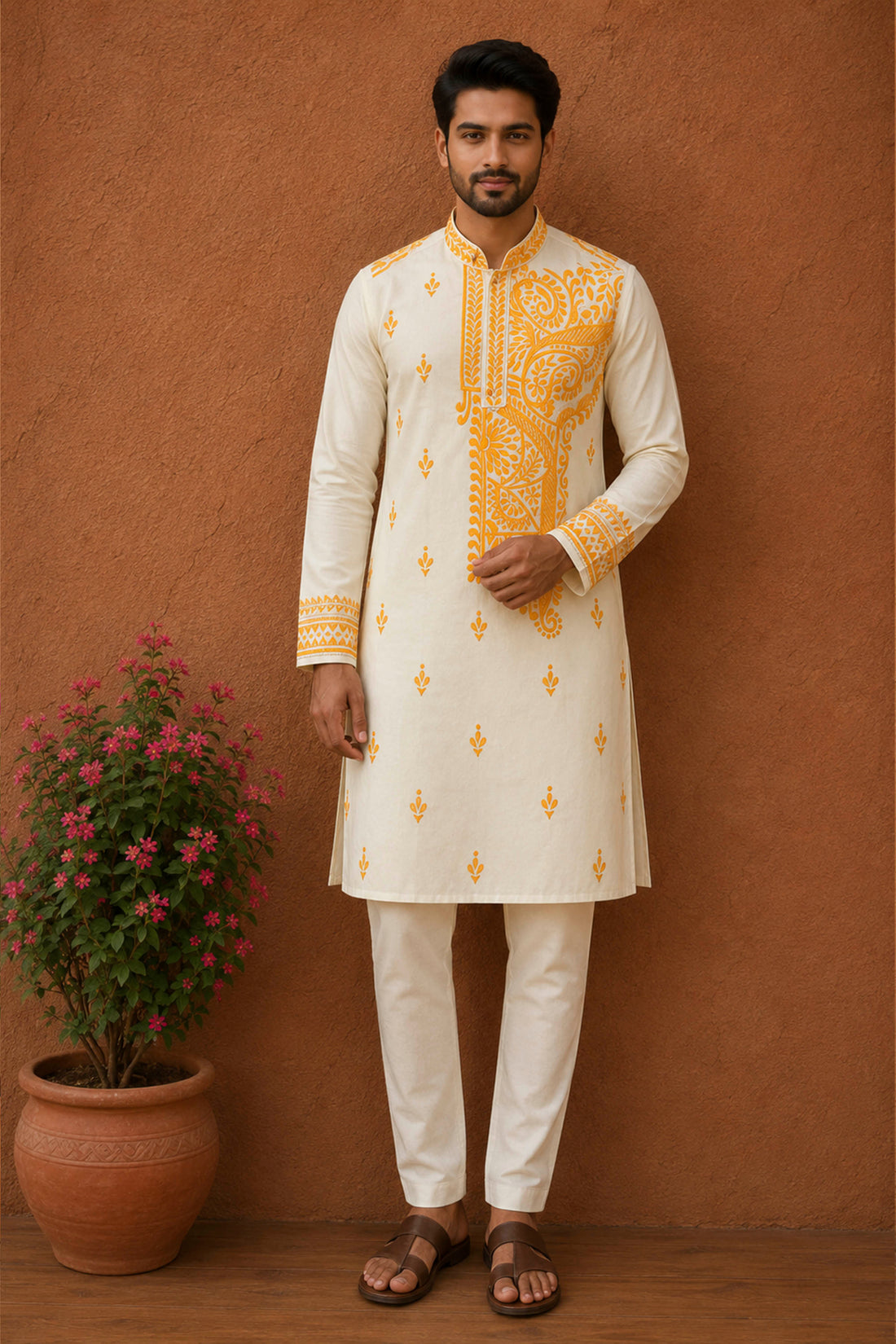 Off White Tussar with Kantha Work (Hand Embroidery) Panjabi