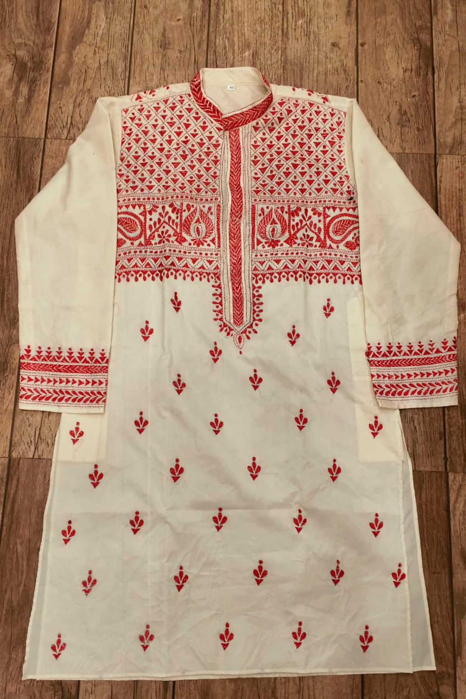Off White Tussar with Kantha Work (Hand Embroidery) Panjabi
