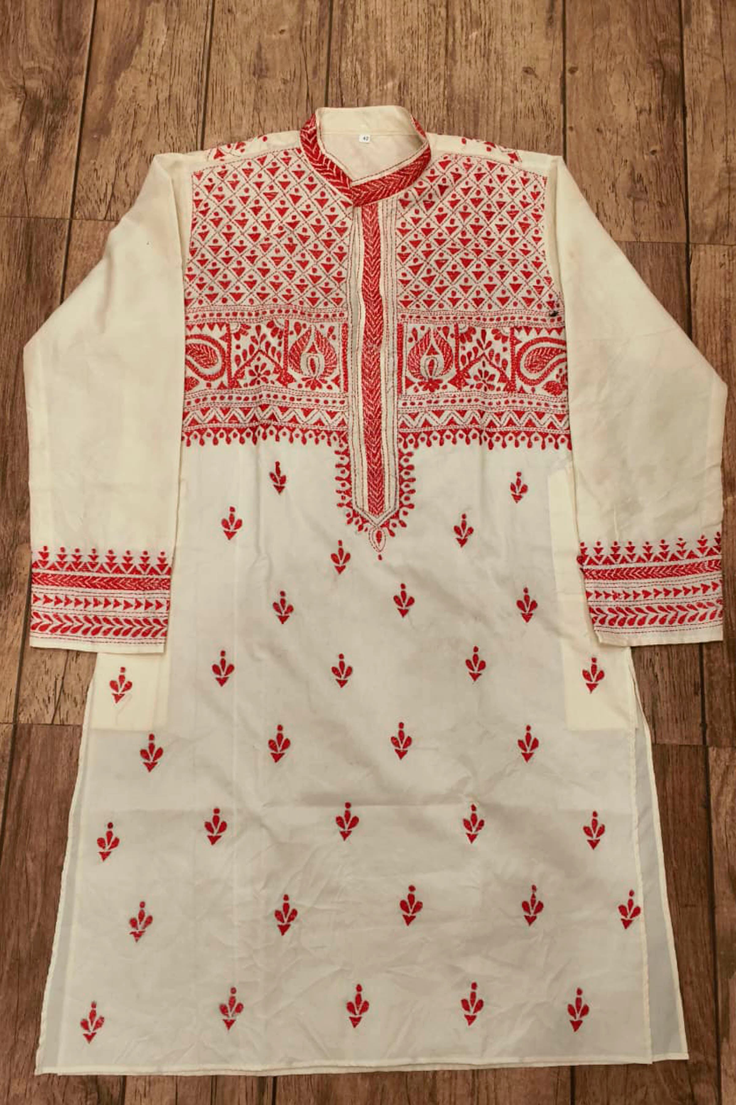 Off White Tussar with Kantha Work (Hand Embroidery) Panjabi