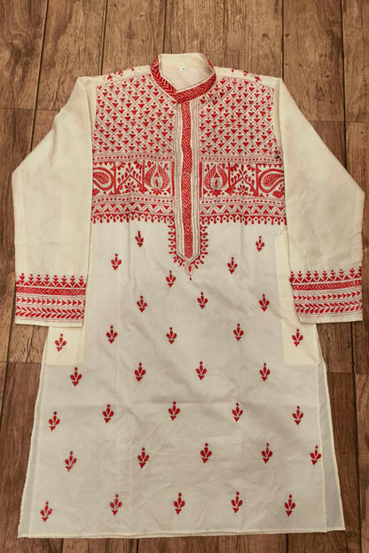 Off White Tussar with Kantha Work (Hand Embroidery) Panjabi