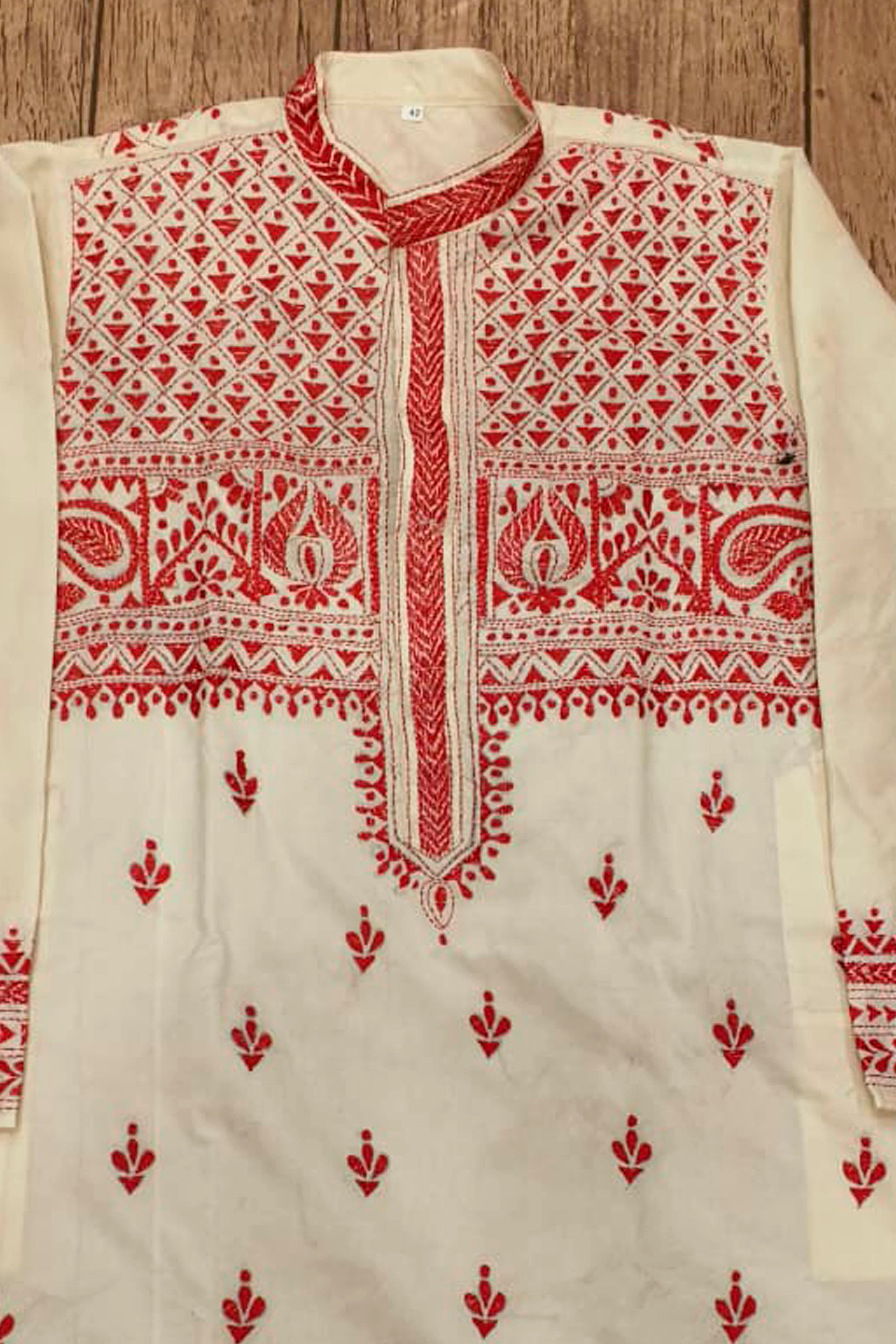 Off White Tussar with Kantha Work (Hand Embroidery) Panjabi