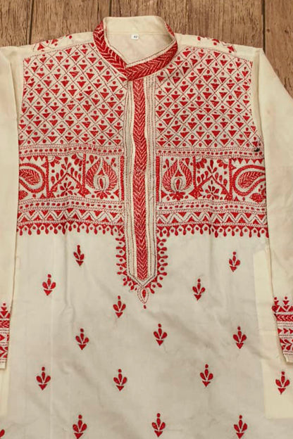 Off White Tussar with Kantha Work (Hand Embroidery) Panjabi