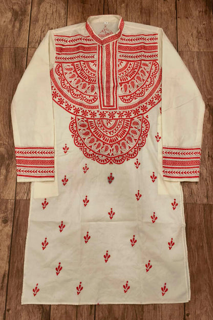Off White Tussar with Kantha Work (Hand Embroidery) Panjabi