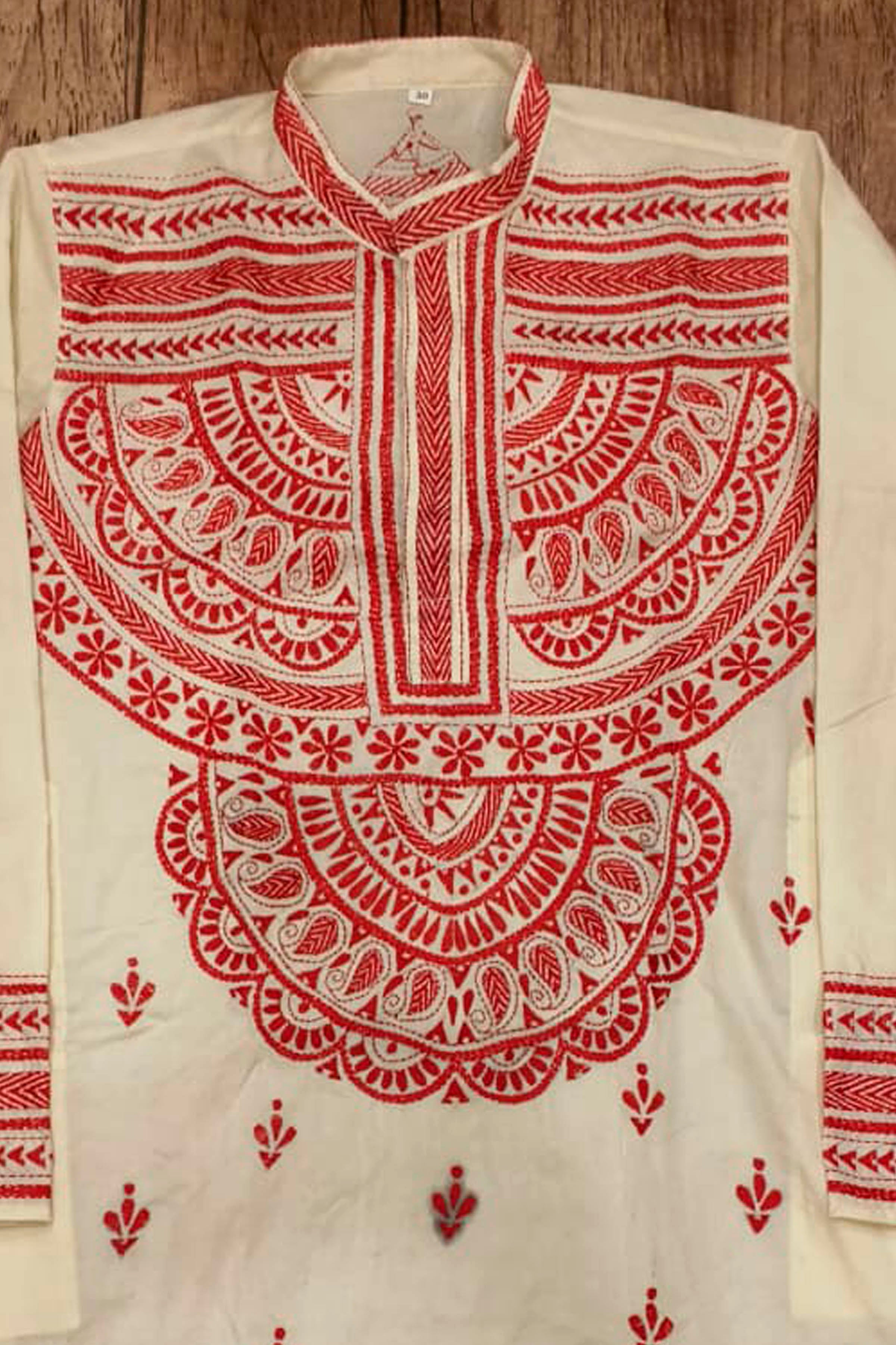 Off White Tussar with Kantha Work (Hand Embroidery) Panjabi
