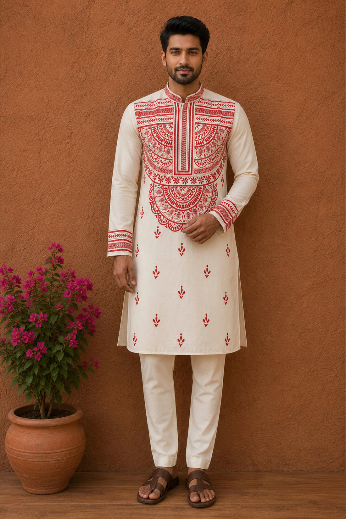Off White Tussar with Kantha Work (Hand Embroidery) Panjabi