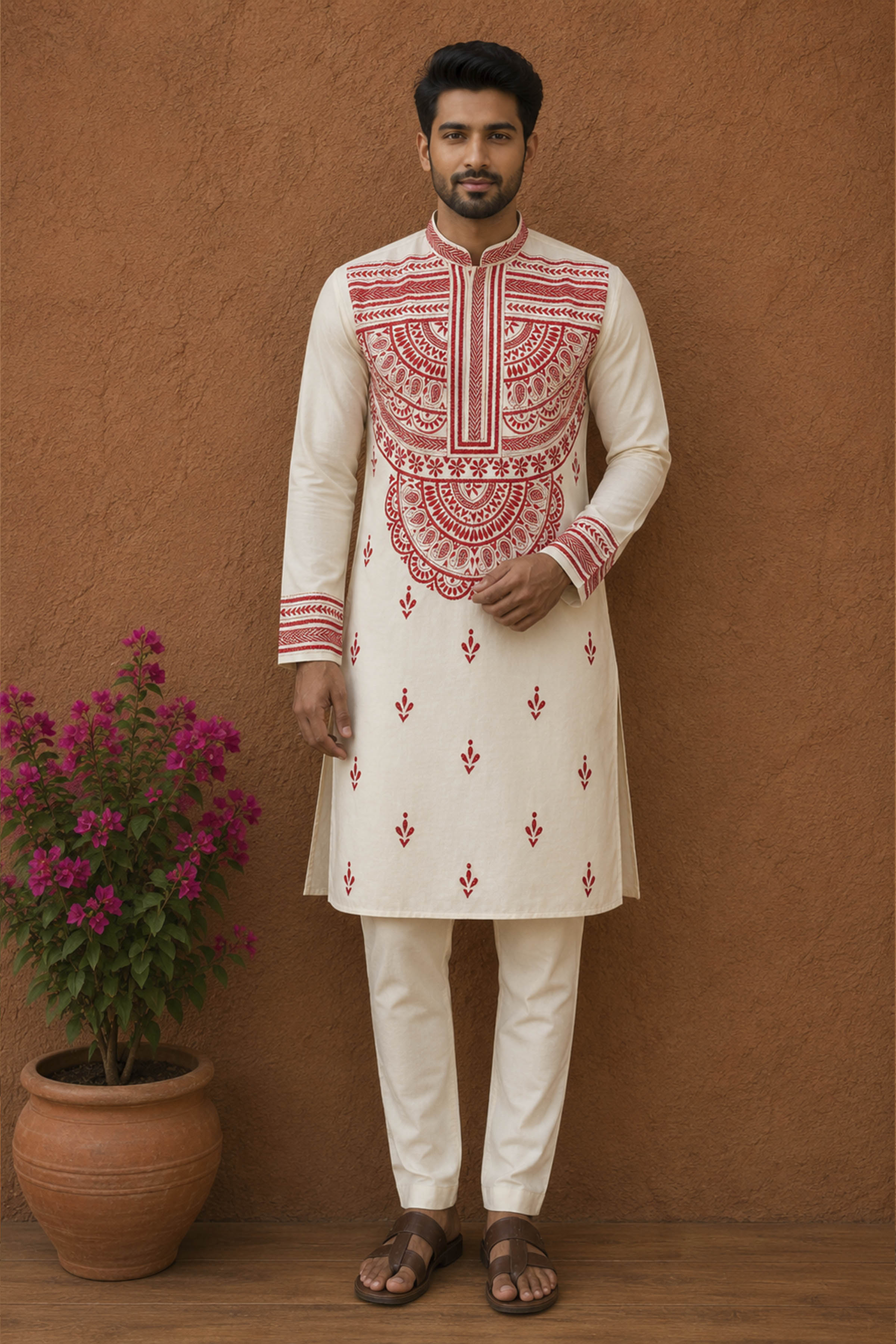 Off White Tussar with Kantha Work (Hand Embroidery) Panjabi