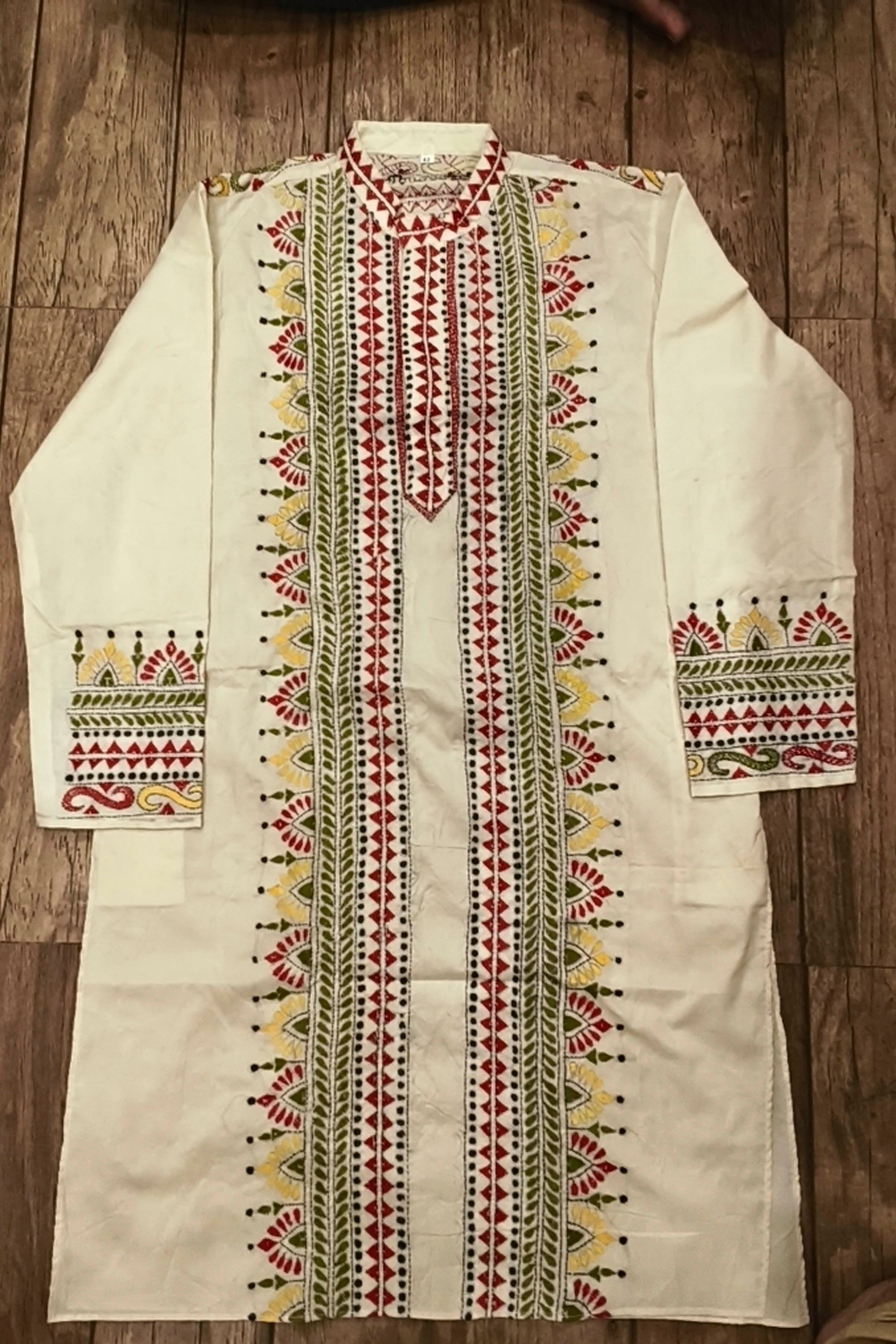 Off White Tussar with Kantha Work (Hand Embroidery) Panjabi