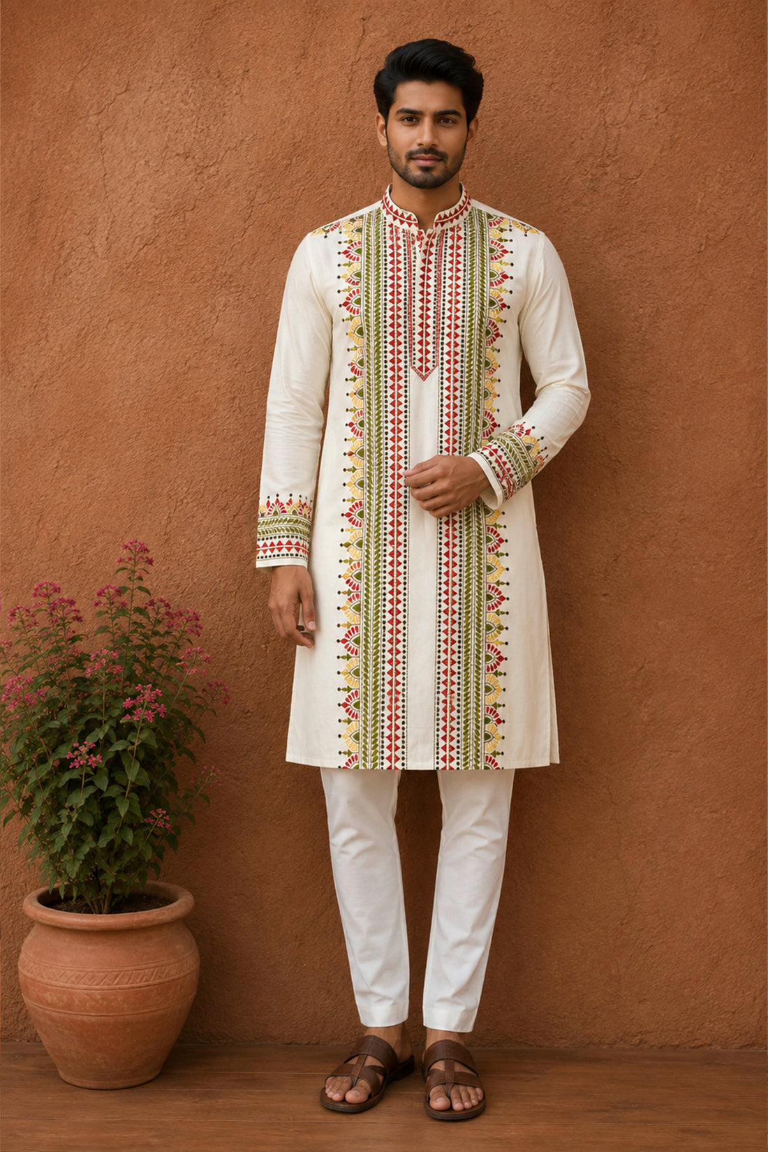 Off White Tussar with Kantha Work (Hand Embroidery) Panjabi