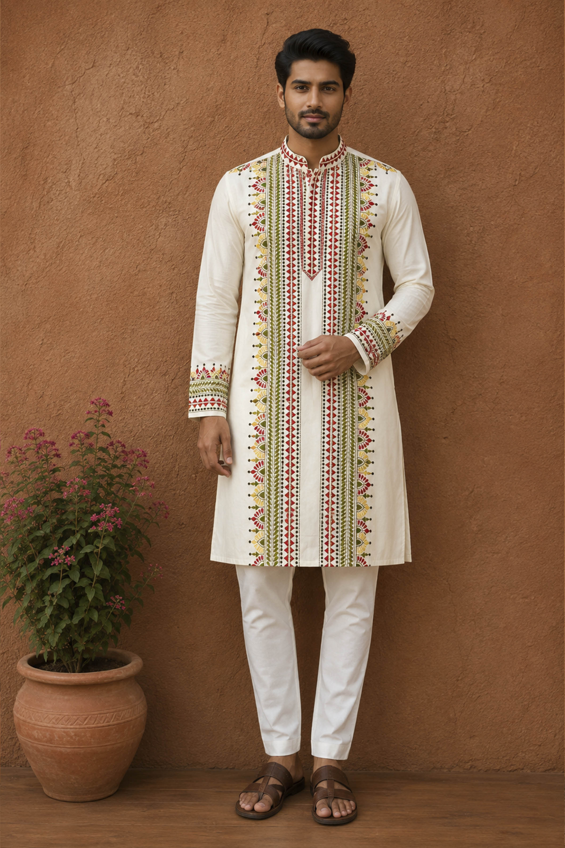 Off White Tussar with Kantha Work (Hand Embroidery) Panjabi