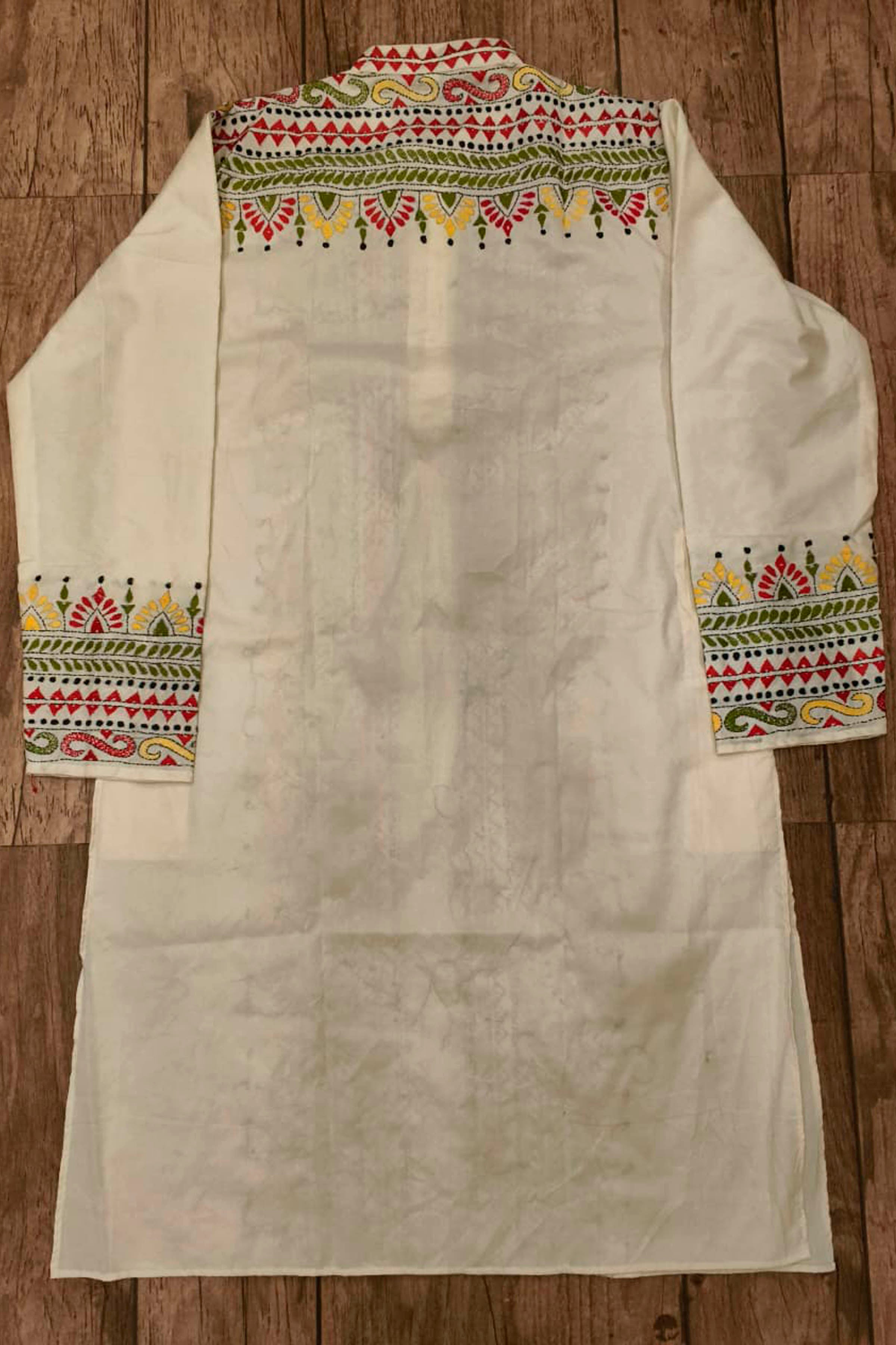 Off White Tussar with Kantha Work (Hand Embroidery) Panjabi