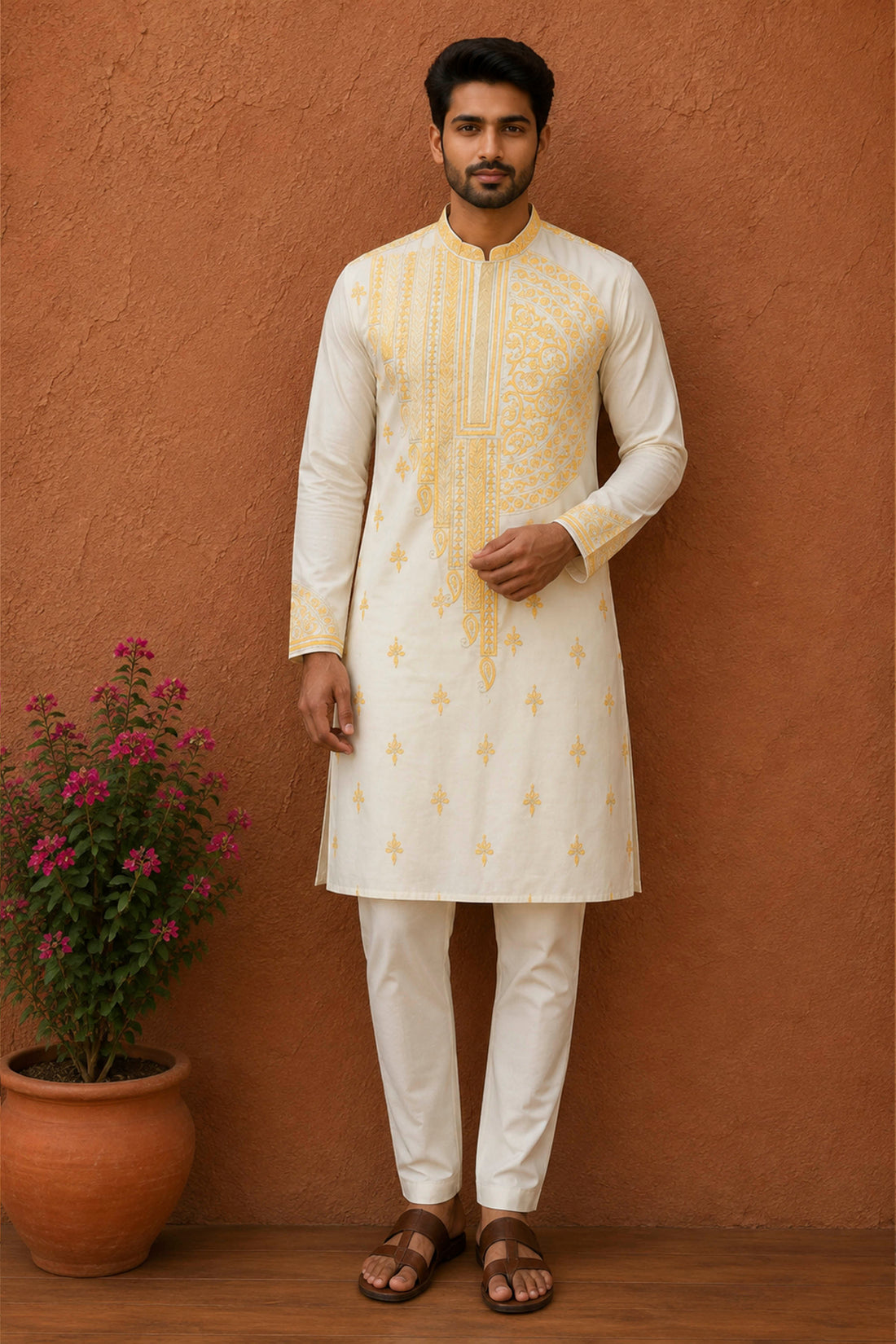 Off White Tussar with Kantha Work (Hand Embroidery) Panjabi
