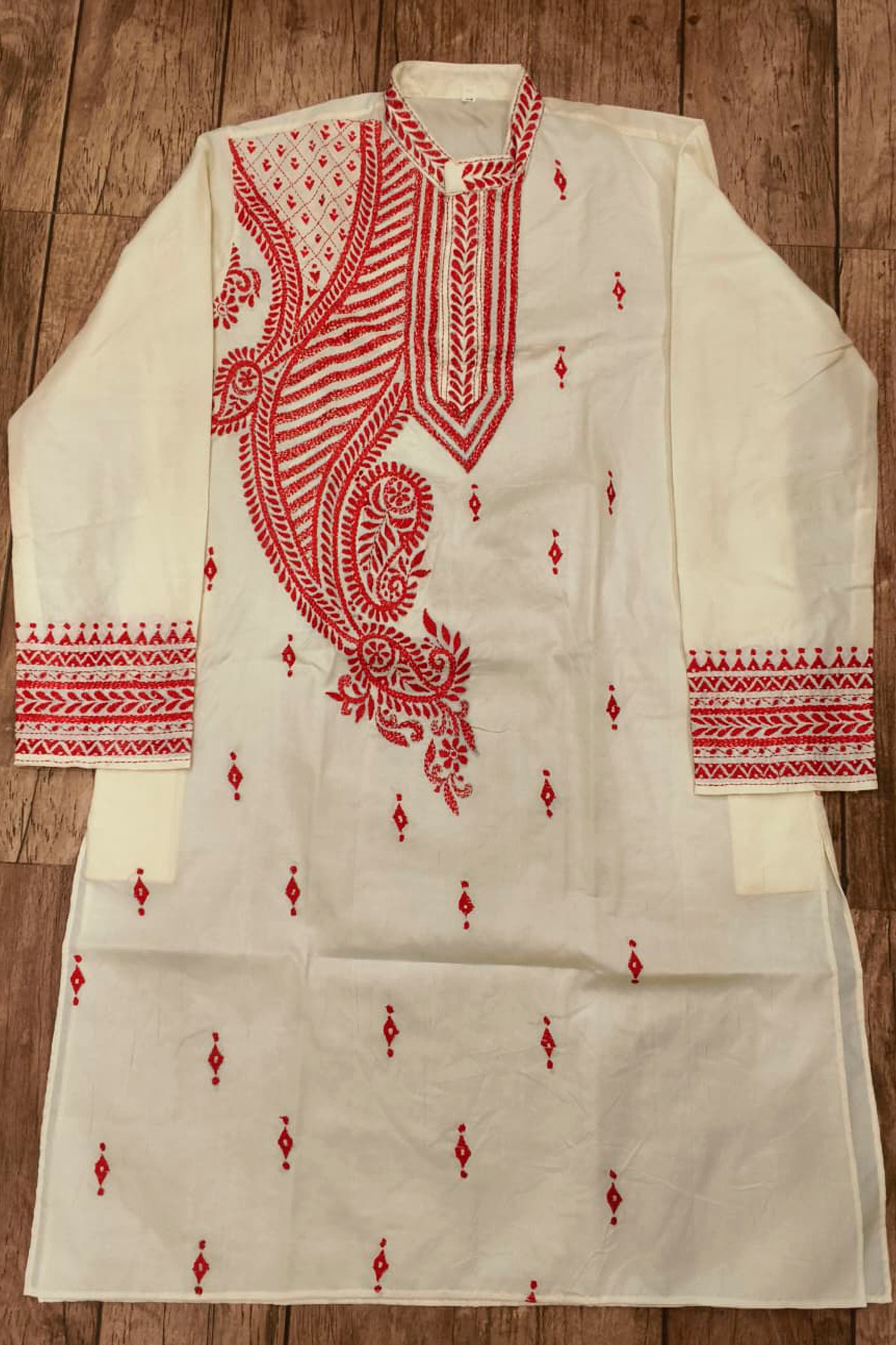 Off White Tussar with Kantha Work (Hand Embroidery) Panjabi