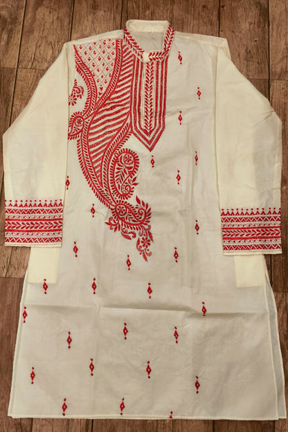 Off White Tussar with Kantha Work (Hand Embroidery) Panjabi