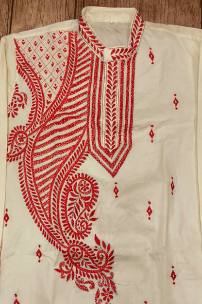 Off White Tussar with Kantha Work (Hand Embroidery) Panjabi