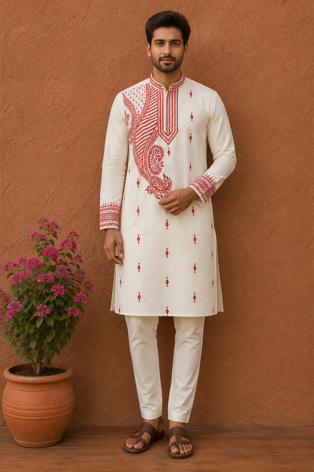 Off White Tussar with Kantha Work (Hand Embroidery) Panjabi