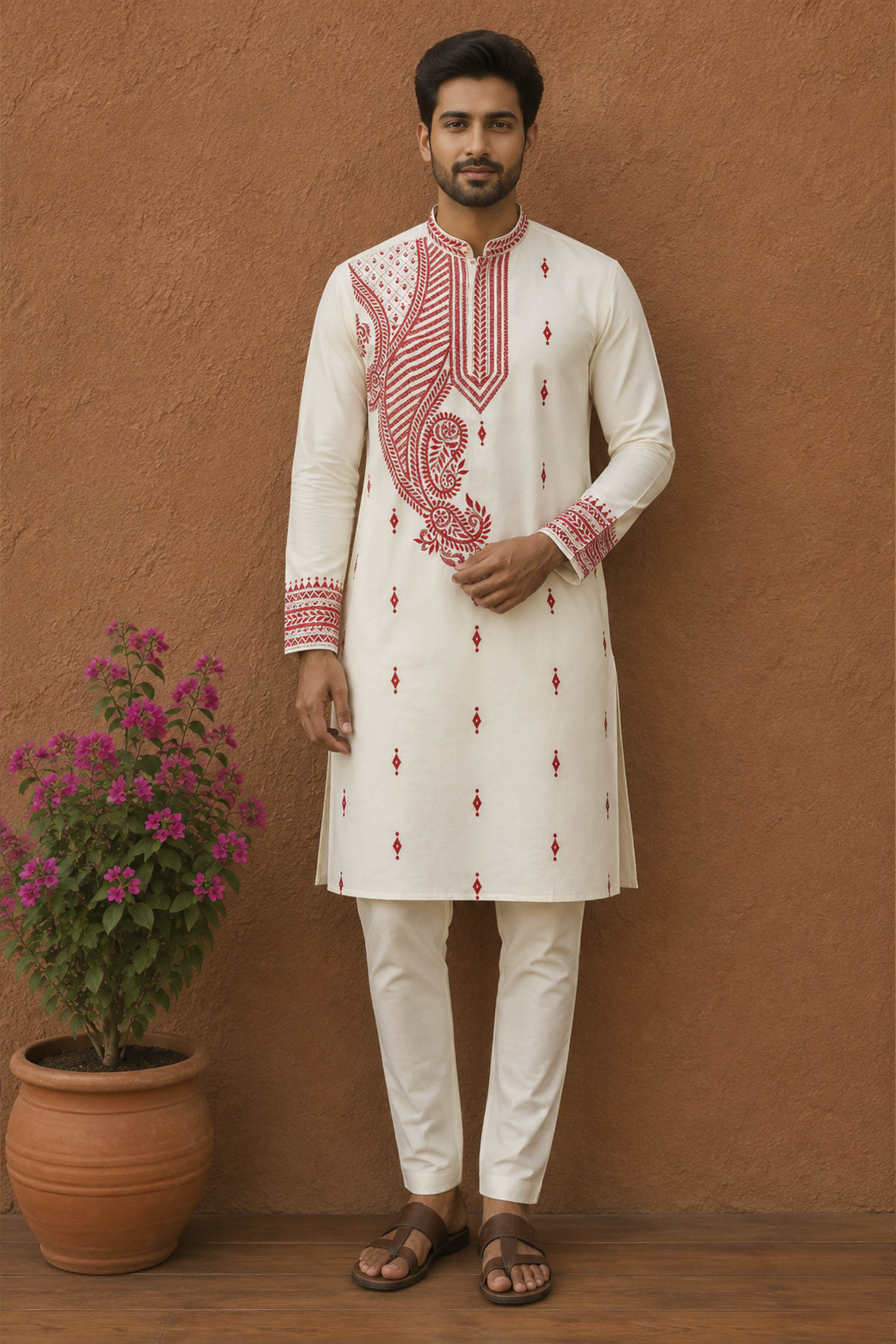 Off White Tussar with Kantha Work (Hand Embroidery) Panjabi