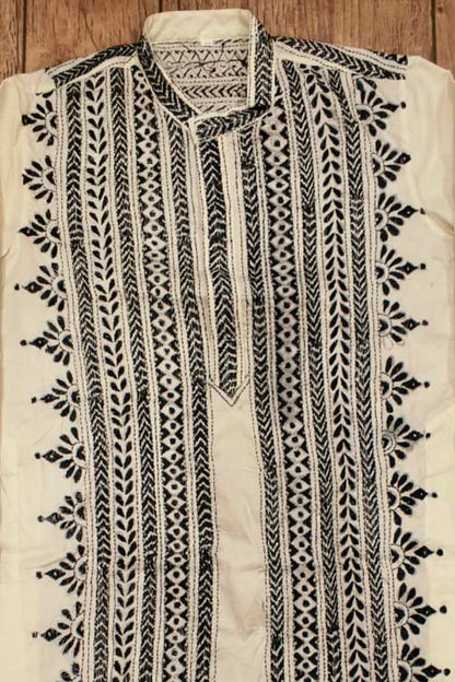 Off White Tussar with Kantha Work (Hand Embroidery) Panjabi