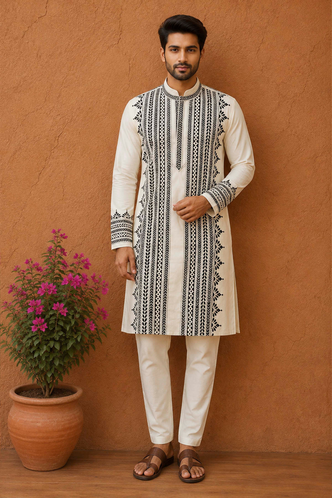 Off White Tussar with Kantha Work (Hand Embroidery) Panjabi