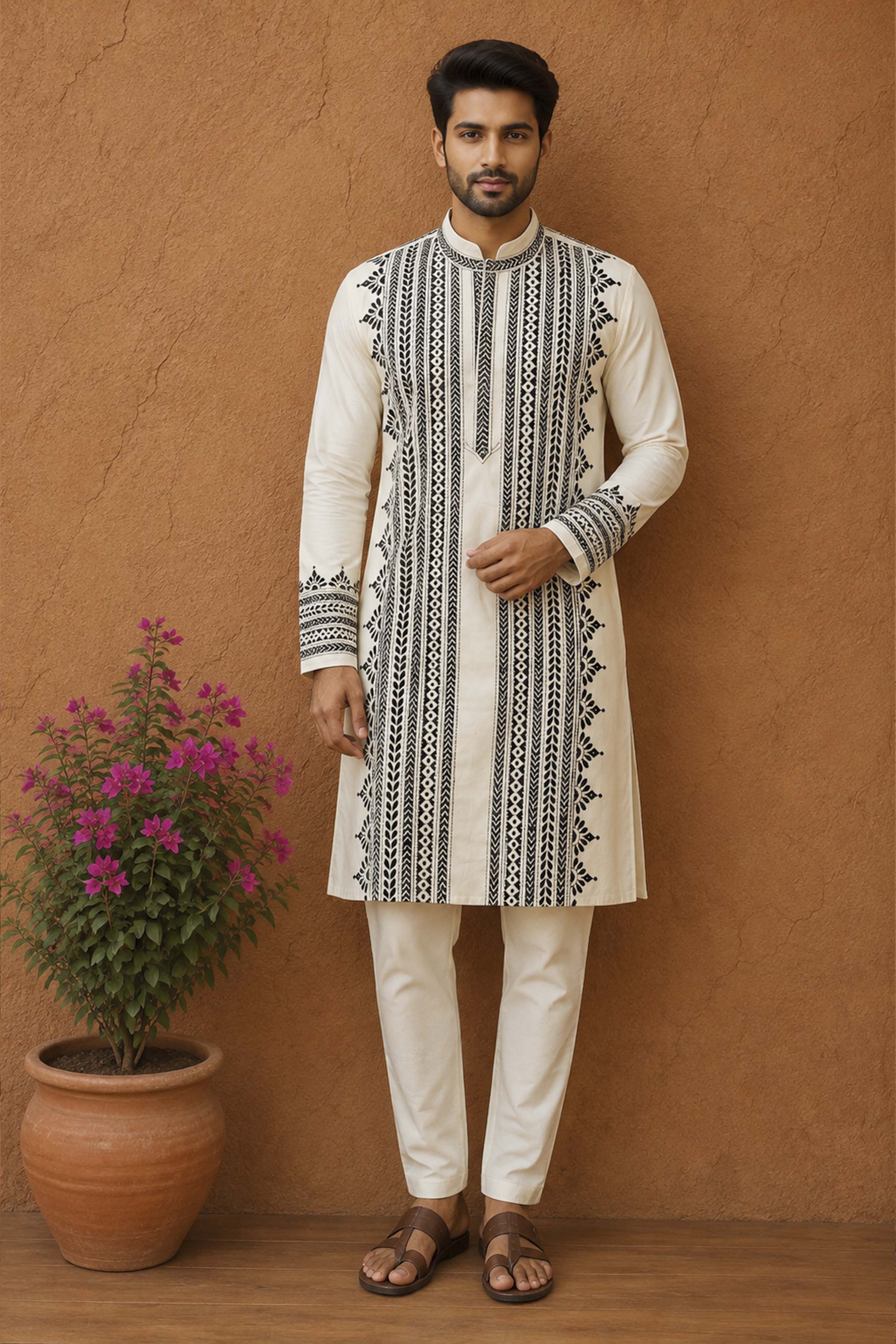 Off White Tussar with Kantha Work (Hand Embroidery) Panjabi
