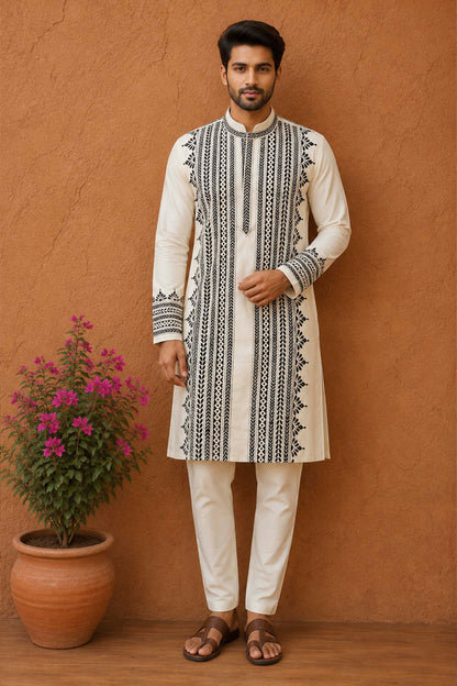 Off White Tussar with Kantha Work (Hand Embroidery) Panjabi
