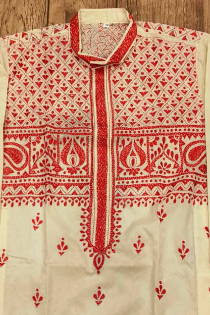 Off White Tussar with Kantha Work (Hand Embroidery) Panjabi