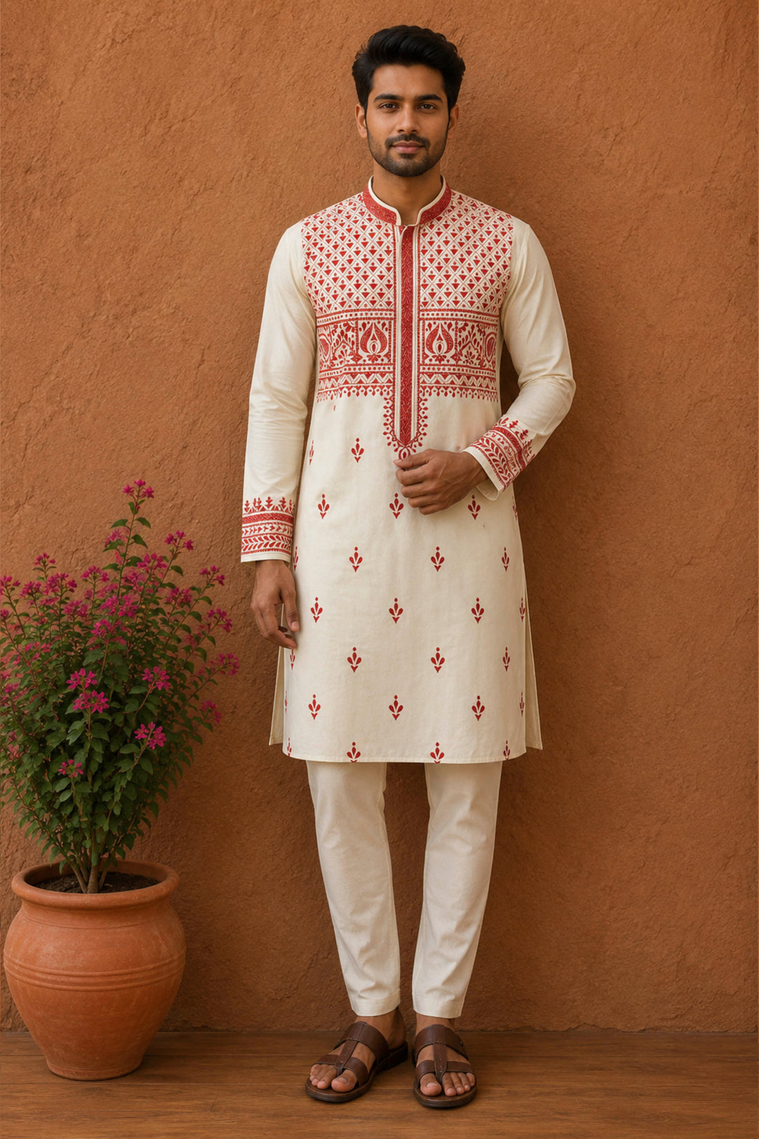 Off White Tussar with Kantha Work (Hand Embroidery) Panjabi
