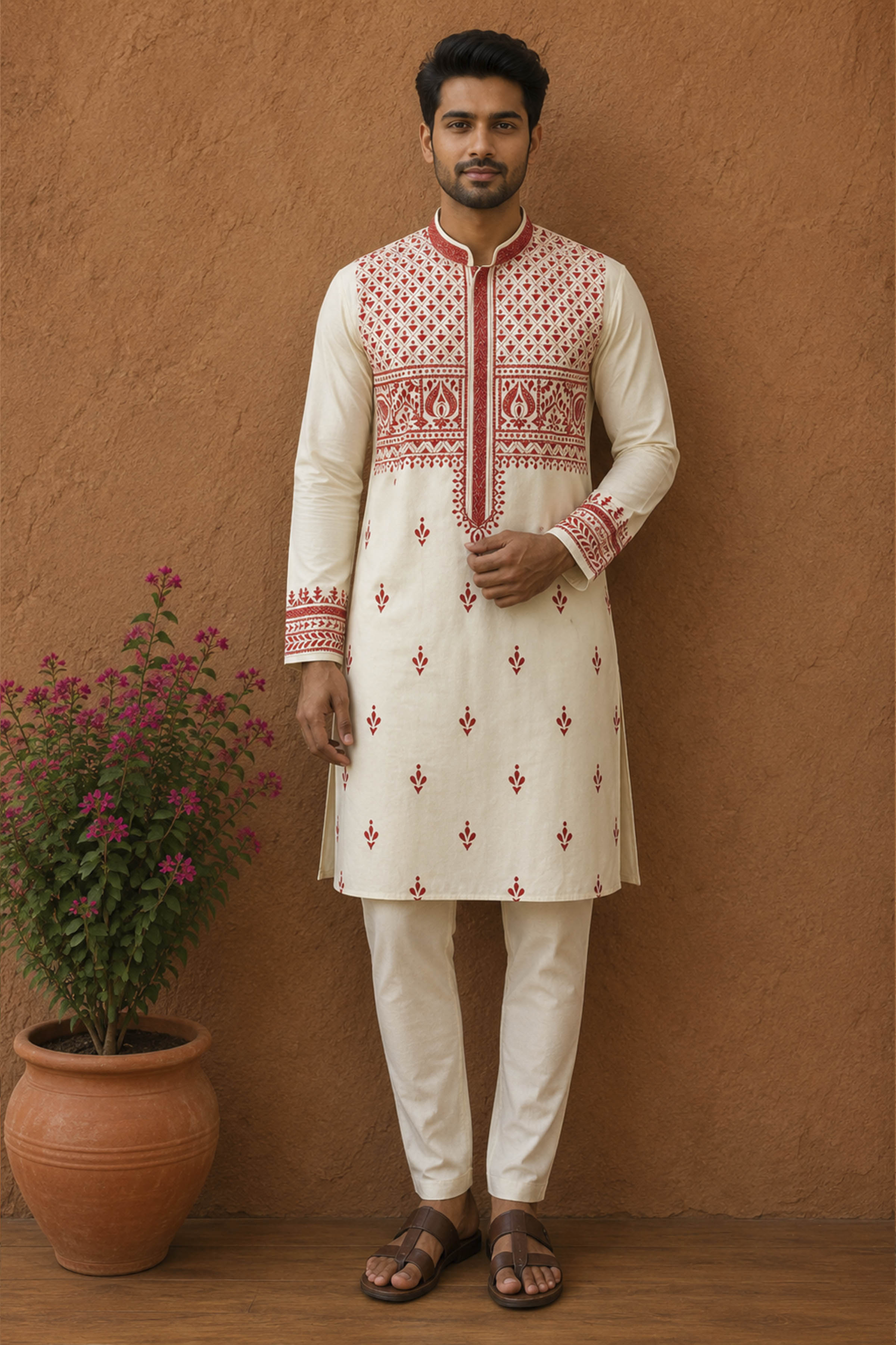 Off White Tussar with Kantha Work (Hand Embroidery) Panjabi